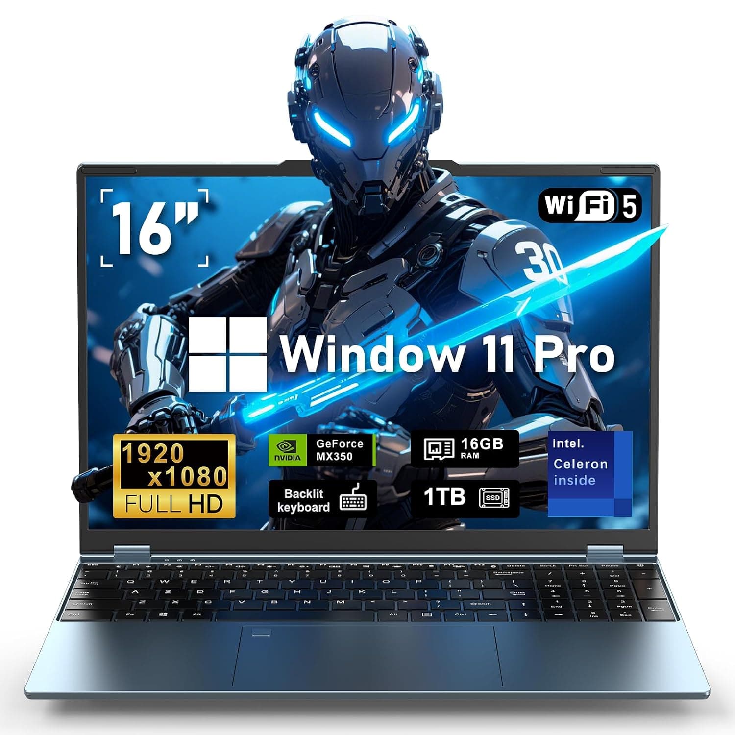 NAIKLULU Gaming Laptop,Laptop Computer 2025,Win 11 Pro 16 Inch Lap Top,16GB RAM 1TB SSD PC,MX350 Graphics,N95 4C/4T Processor(up to 3.4Ghz),Backlit Keyboard,16”FHD 1920 * 1200 Display,WiFi 5,BT4.0