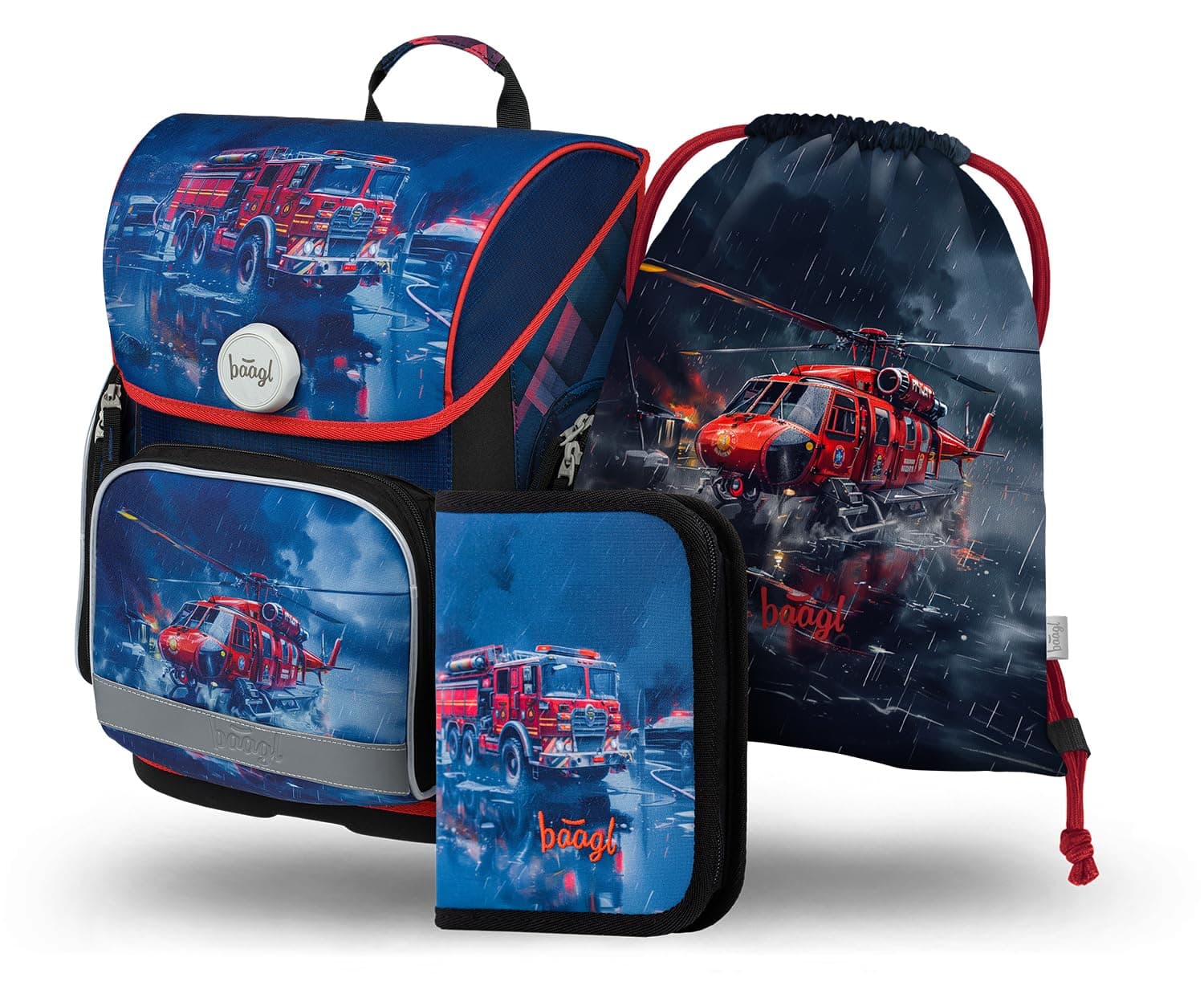 Baagl School Bag Boys Set of 3 Ergo School Bag for 1st Grade, Ergonomic Primary School Satchel with Chest Strap, Life saver, School bag set