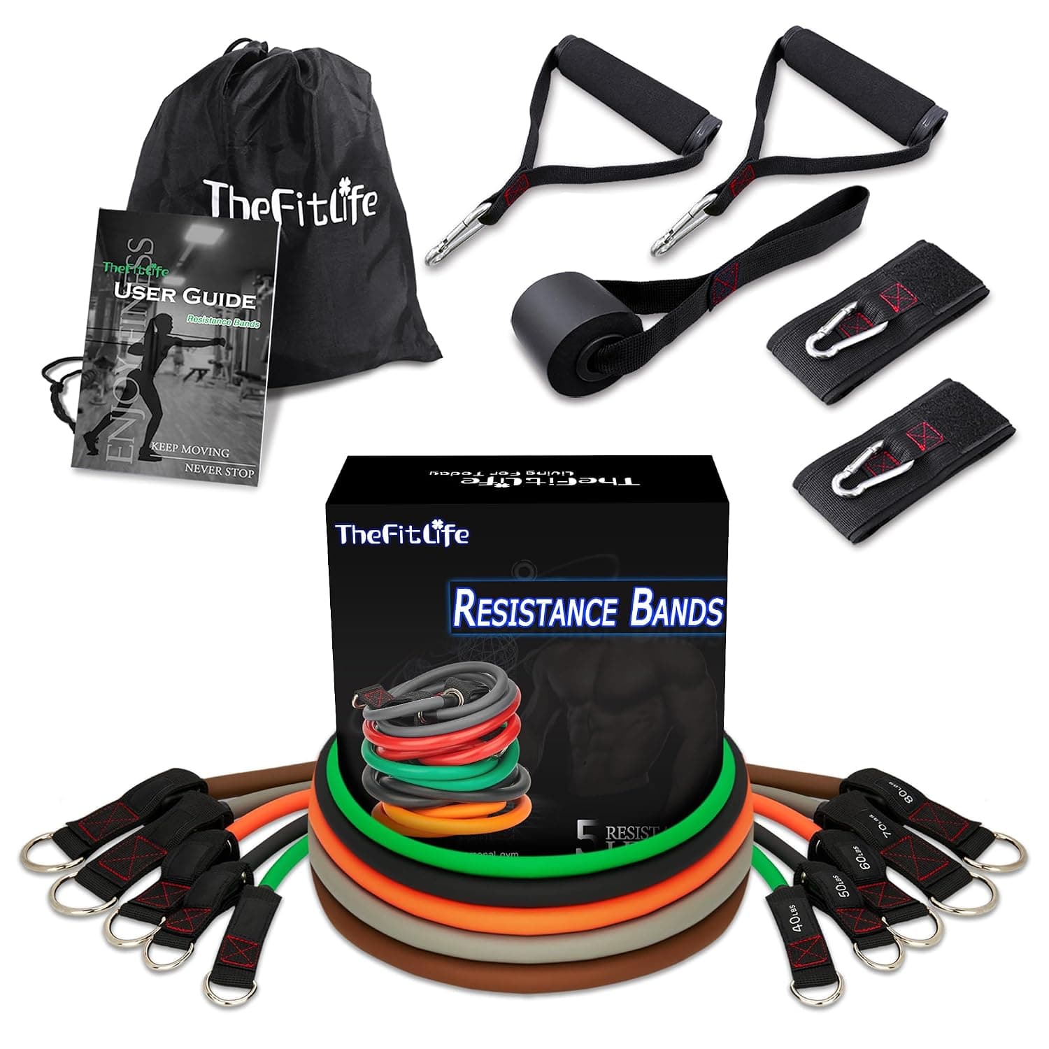 TheFitLife Exercise and Resistance Bands Set - 5 Fitness stackable up to 110/150/200/250/300 lbs Workout Tubes for Indoor and Outdoor Sports, Fitness, Suspension, Speed Strength, Home Gym, Yoga