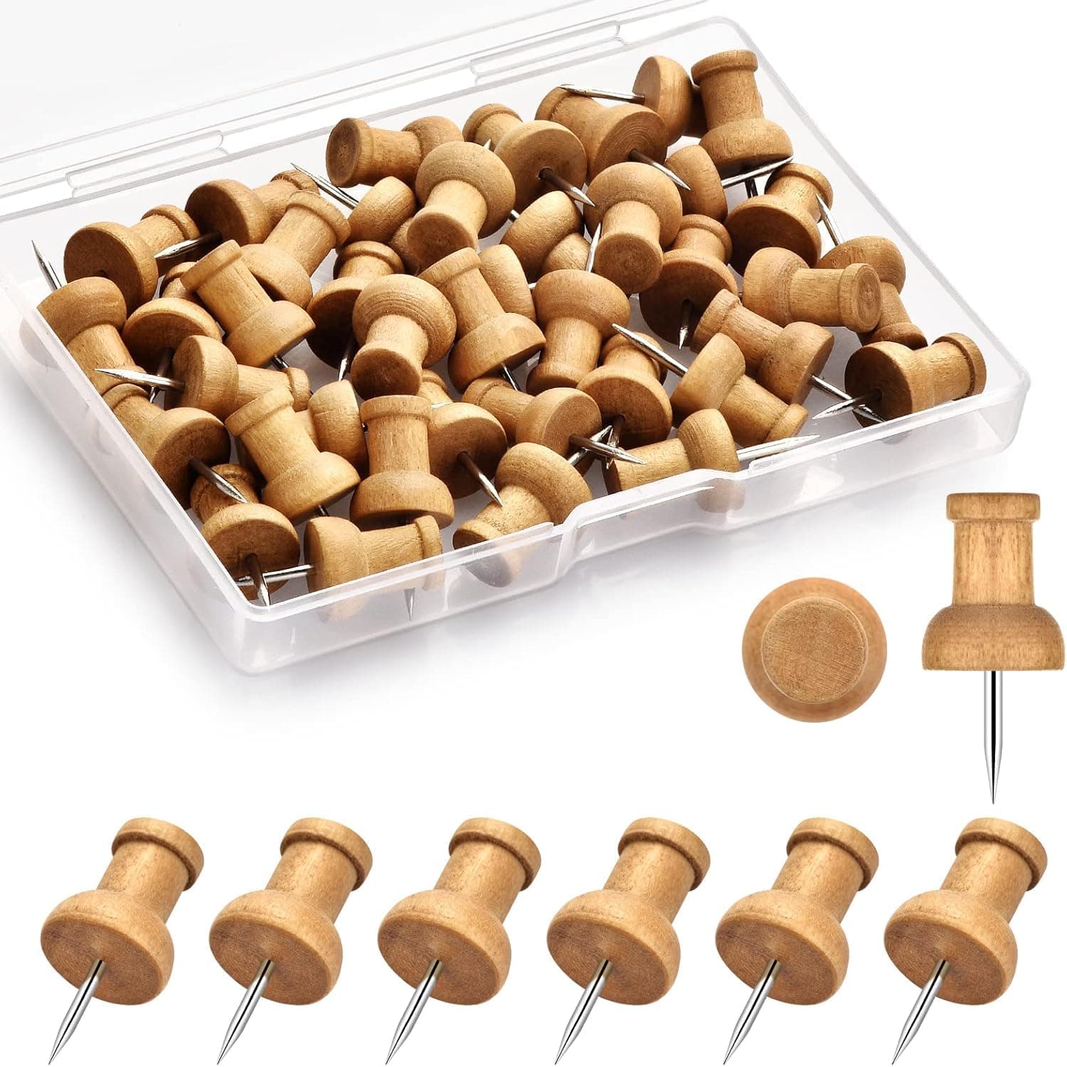 ALMEKAQUZ 40Pcs Wood Push Pins, Thumb Tacks for Decorative, Wooden Pins and Tacks, Cork Board Thumbtacks, Cute Thumbtack for Wall and Bulletin Board, Map Pins
