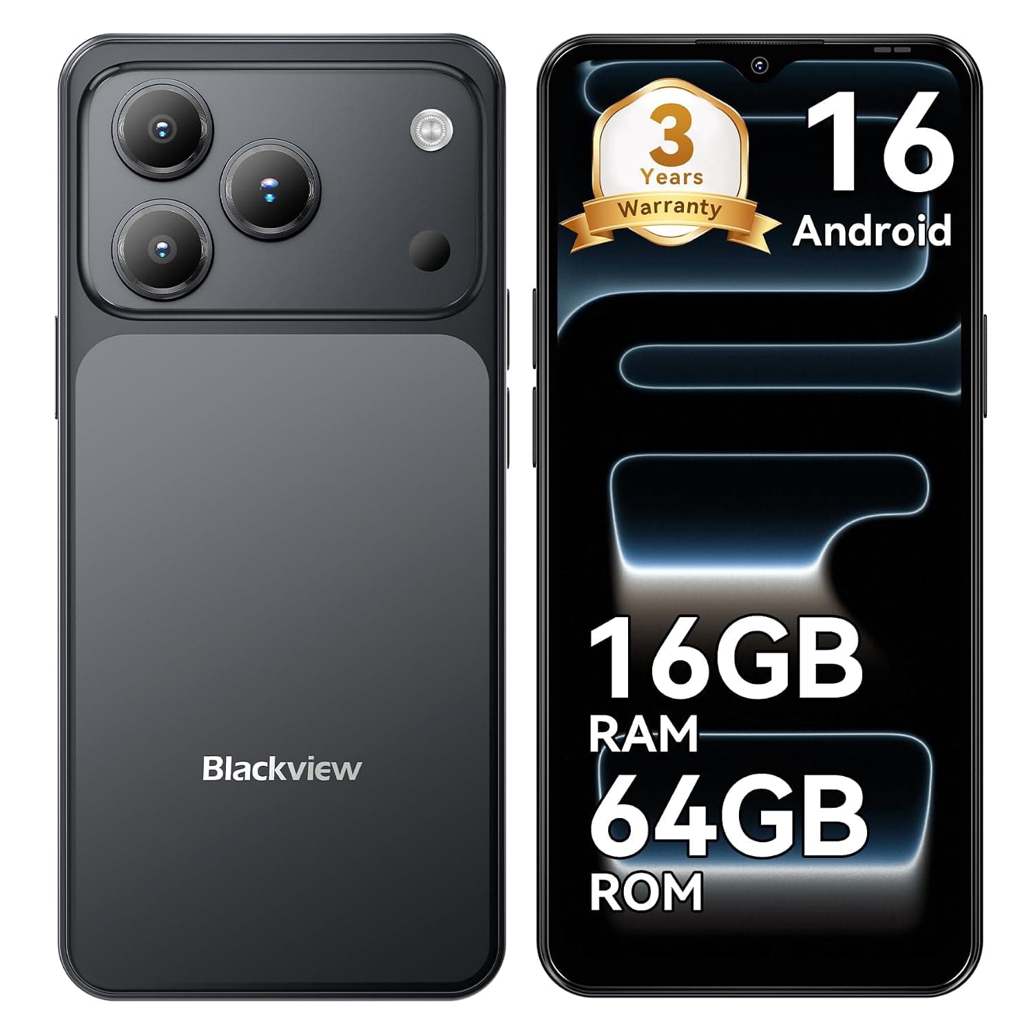 Blackview Wave 7C Sim-free & Unlocked Mobile Phones, 32MP Smart Phones,16GB+128GB Android 16 Phone, Phone Android, 6.56" Cheap Android Phone, Face Unlock, WIFI 5G/GPS/IP54/3.5mm/3 Year Warranty, Black