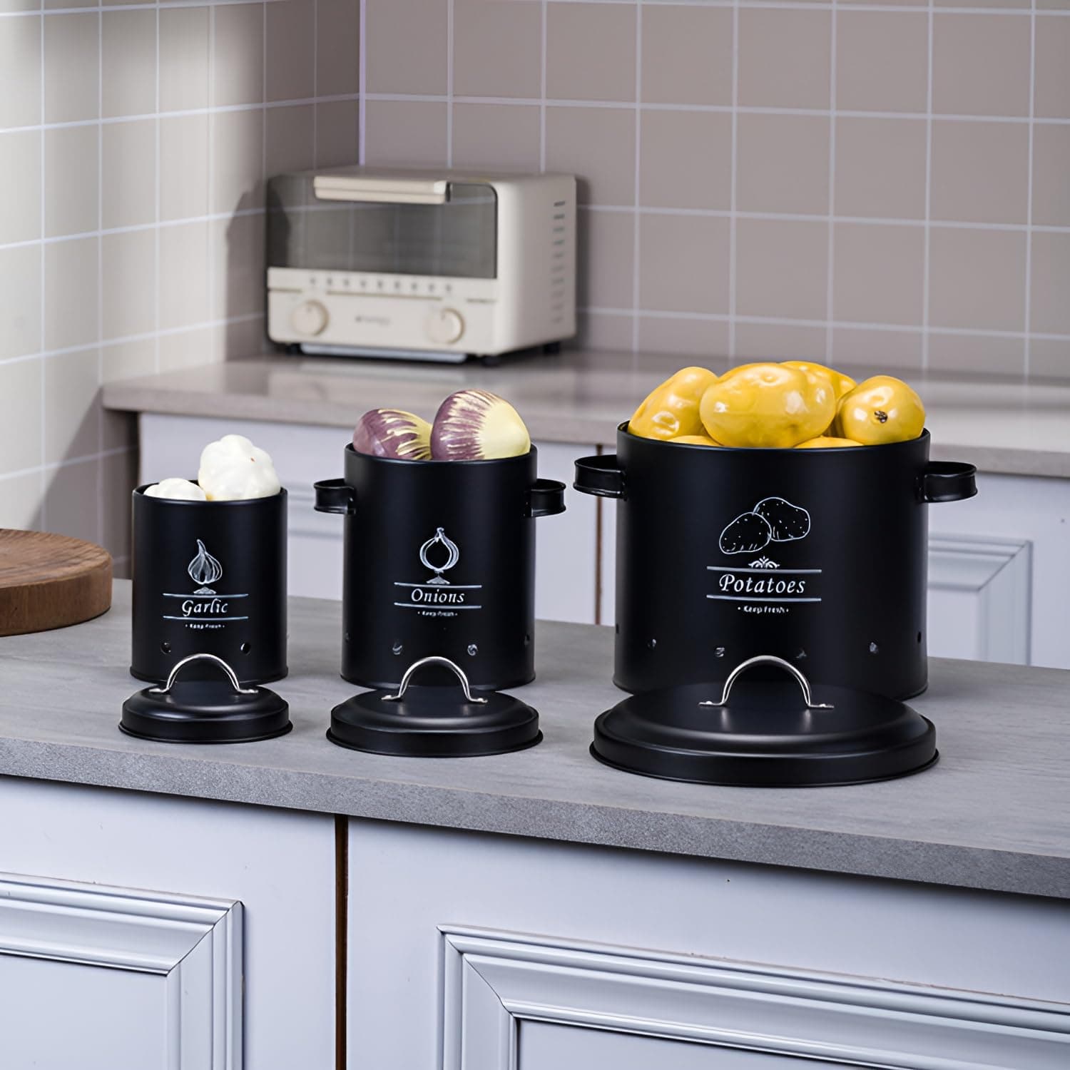 Set of 3 Potato Onion Garlic Storage Bins Vegetable Containers Food Containers for Kitchen Counter, Potato Onion Storage Containers for Pantry Garlic Storage Jars (MC-Black)