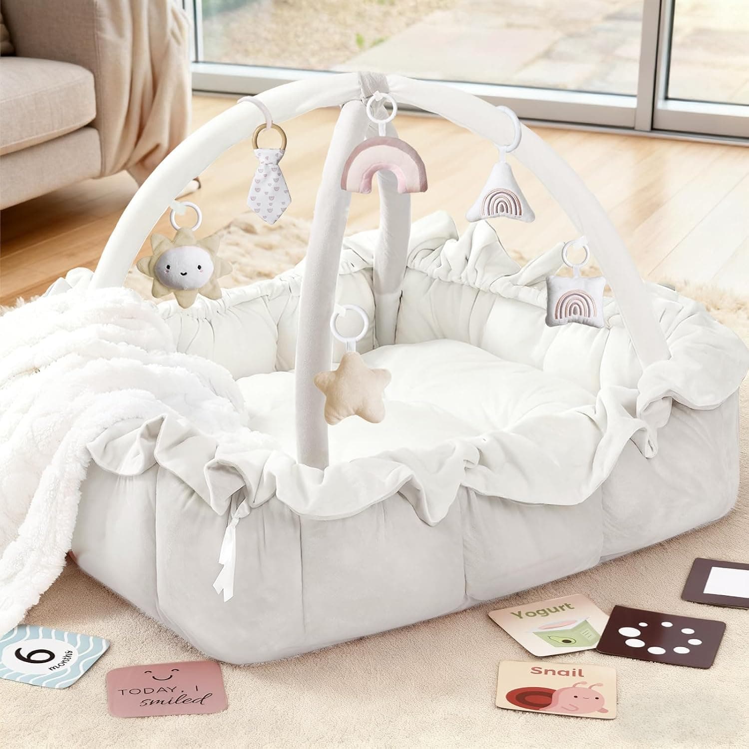 5-in-1 Plush Baby Play Gym, Baby Play Mats, Convertible Baby Gym with Blanket and 6 Toys, Tummy time mat, Baby Activity Center from Newborn to Toddler, Baby Gym, Ball Pit, Baby Gifts Ped Bed, White