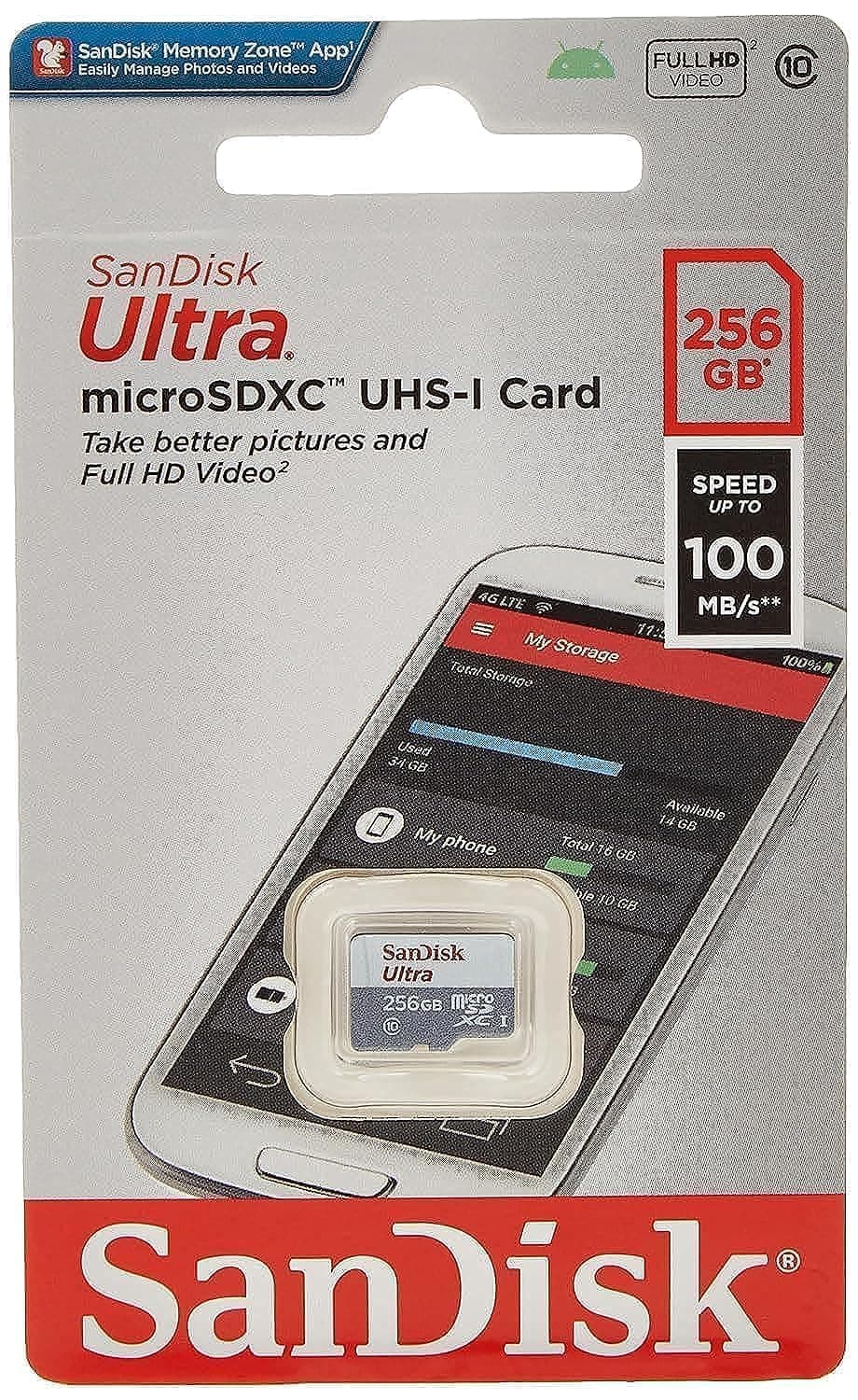 SanDisk 256GB Ultra microSDXC UHS 1 Card 100MB/s Grey -SDSQUNR-256G-GN3MN, Grey