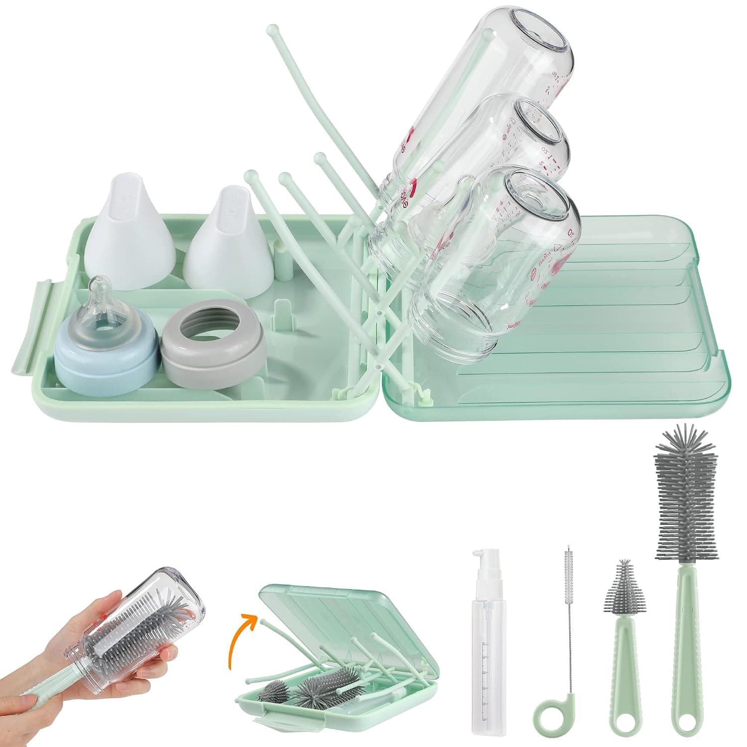 Bottle Brush Set -Baby Travel Essential-6 in 1 Bottle Cleaner Kit with Silicone Bottle Brush, Cleaner Brush,Straw Brush,Soap Dispenser,Storage Box,Bottle Drying Rack for Home and Travel(Green)