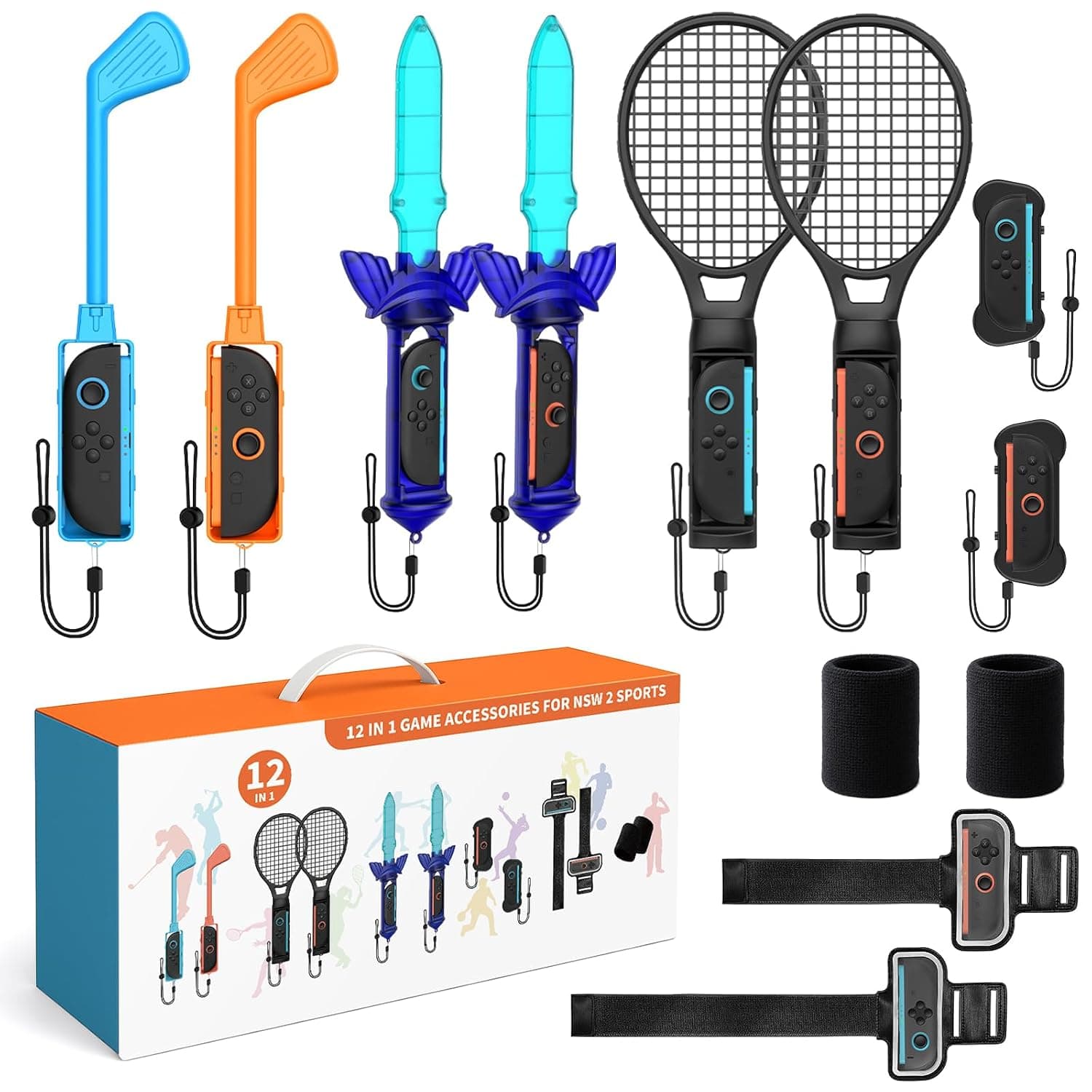 LONGYI Switch 2 Sports Accessory Set, 12-in-1 Game Accessory Set for JoyCon | Switch 2 sports games accessories with golf club, tennis rackets for families and friends parties