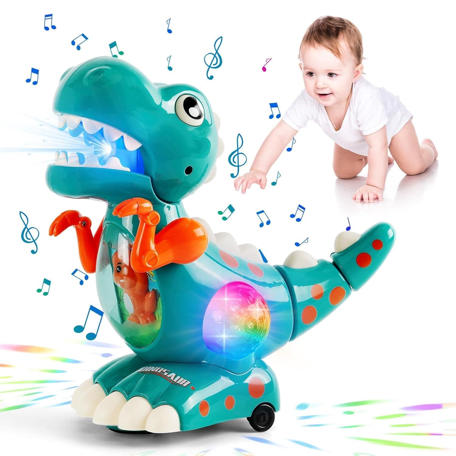 Baby Crawling Dinosaur Toys, Baby Musical Toy, Musical Light Interactive Walking Sensory Toys, Automatically Avoid Obstacles, Birthday Present Dino Gifts for Kids Toddler