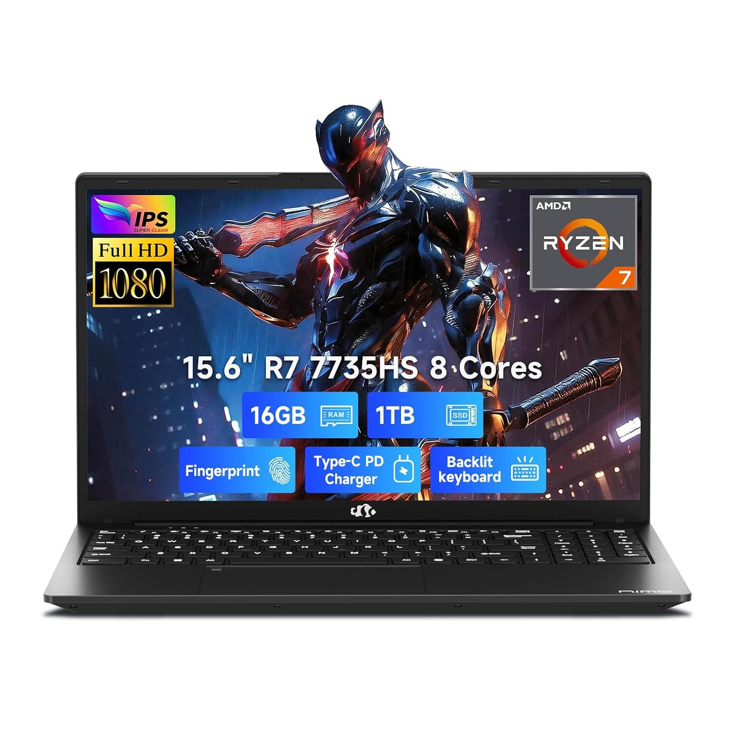 NIMO Light-Gaming-Laptop, 15.6" FHD Computer with 8-Core R7 7735HS 32GB DDR5 RAM 1TB SSD (Up to 4.75GHz, Beat i7-12650H) Radeon 680M GPU 100W Type-C 180° View for Business and School, 2Y Warranty