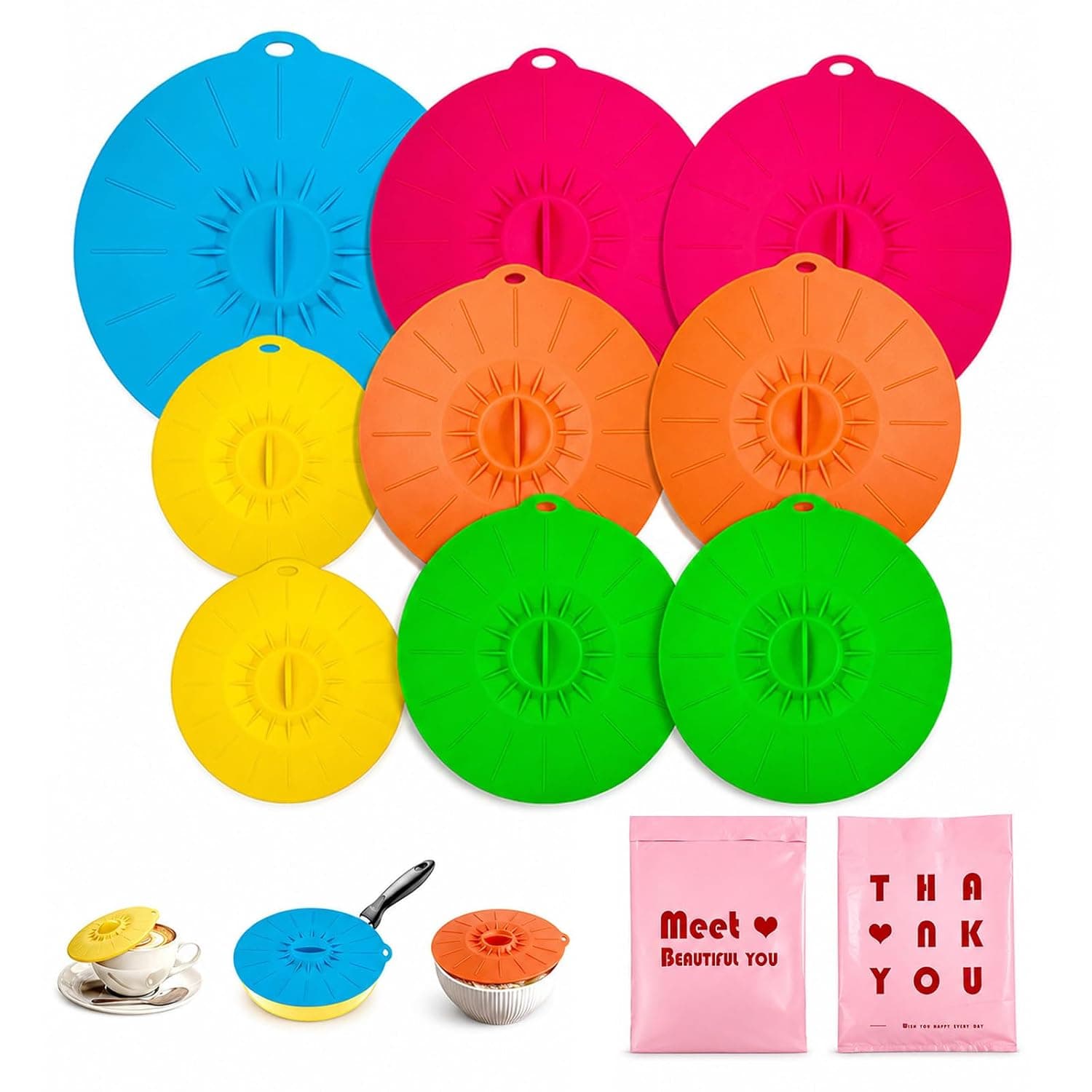 Silicone Lids 9 Pack Food Covers, Microwave Splatter Covers,Reusable Heat Resistant Lids for Pots Pans Plates Cups,Microwave Oven Stove Fridge Freezer Safe,Elegant Gift Packaging for Women