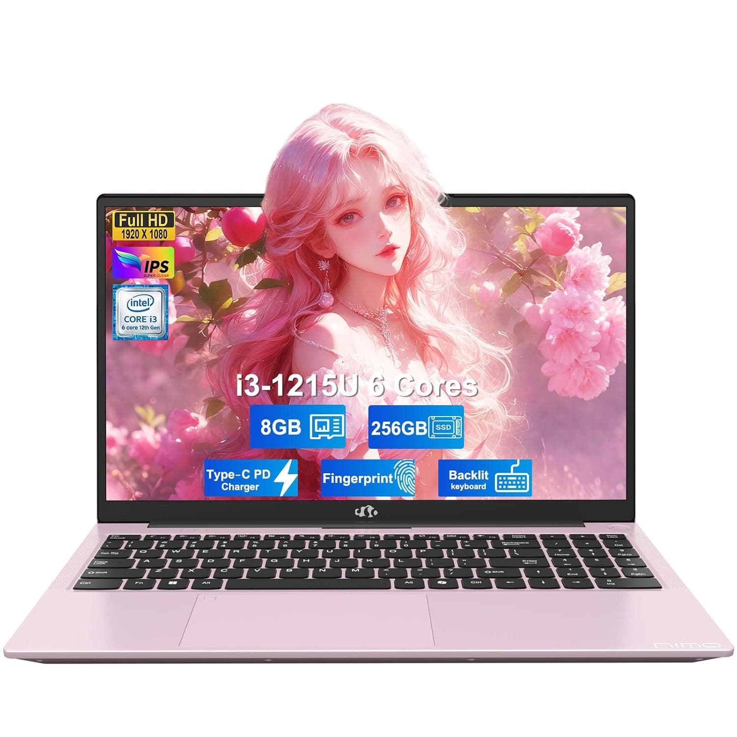 NIMO 15.6" IPS FHD-Student-Laptop, Intel 6 Cores I3-1215U 8GB RAM 256GB SSD (Beats i5-1135G7, Up to 4.4GHz) Computer with 65W Type C Backlit Keyboard Fingerprint, for Home and Business, Rose Gold
