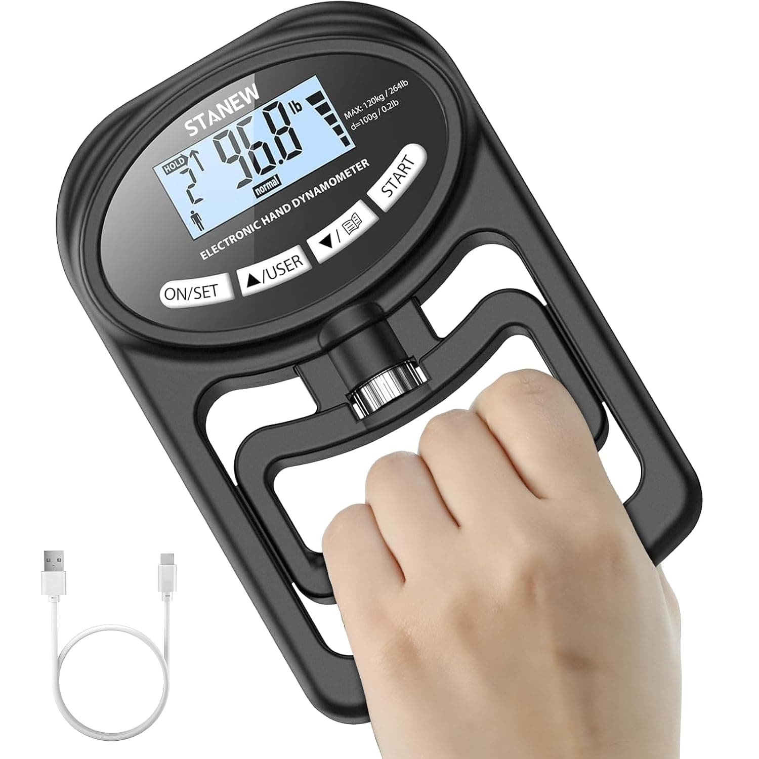 STANEW Digital Hand Dynamometer Grip Strength Trainer - Grip Strength Measurement Meter with HD LCD Display, Grip Exerciser Digital Grip Strength Exerciser for Sports, Home and School 265lbs / 120kg
