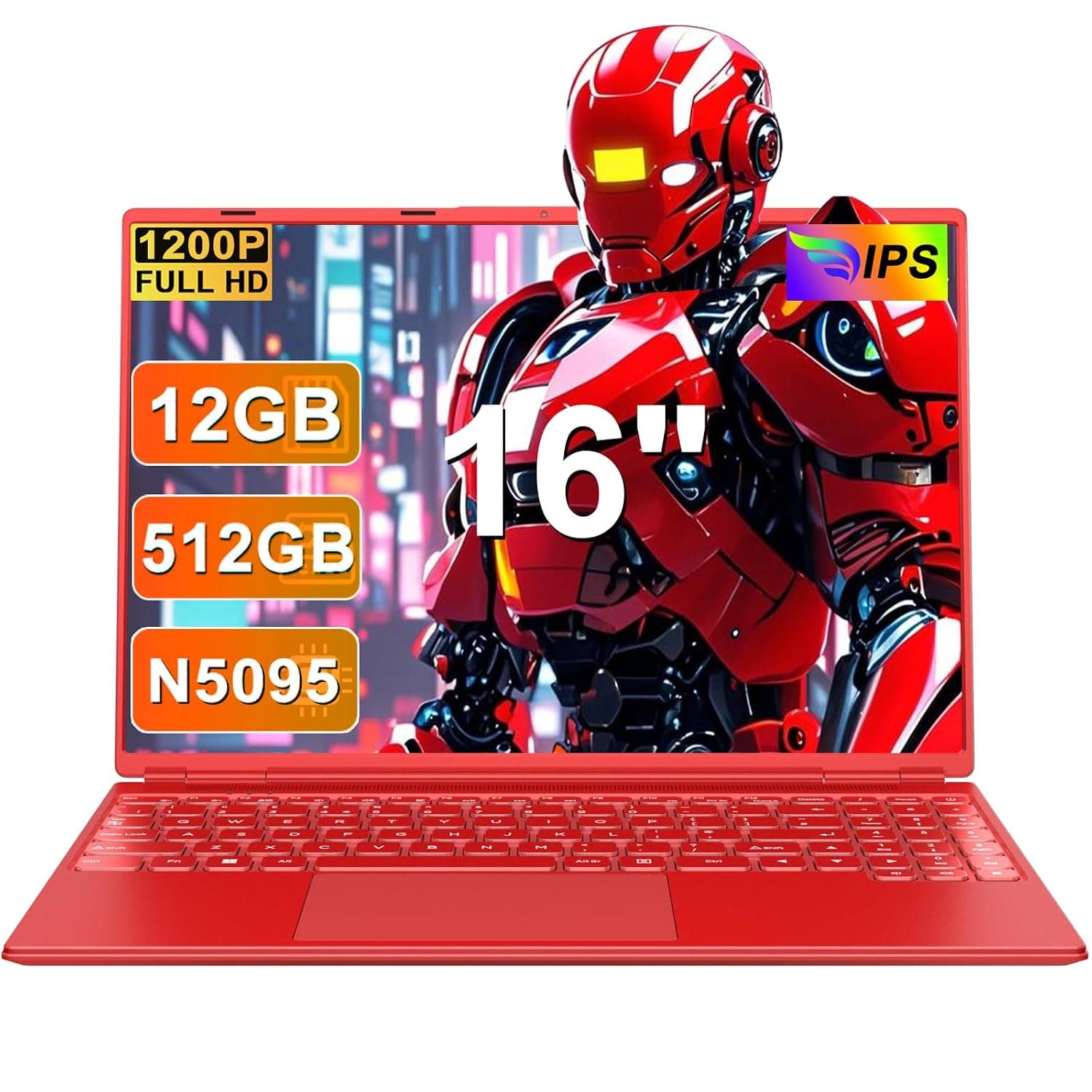 NOTODD 2025 16 Inch Gaming Laptop N5095 (Up to 2.9 GHz) 12GB+512GB SSD Support 1TB Expand Win 11 Laptops 1920 * 1200 FHD Screen 5G WiFi BT 4.2 Webcam Cooling Fan Numeric Keypad-Red