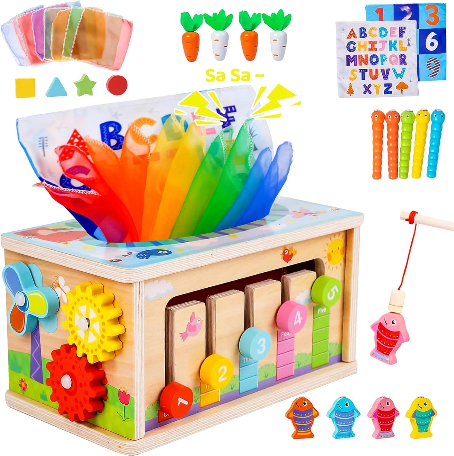 Soofam Montessori Baby Wooden Tissue Box Christmas Toy 6-in-1 Sensory Tissue Box Toy for Babies 36+ Months Developmental Toys for Babies, for 36+ Months