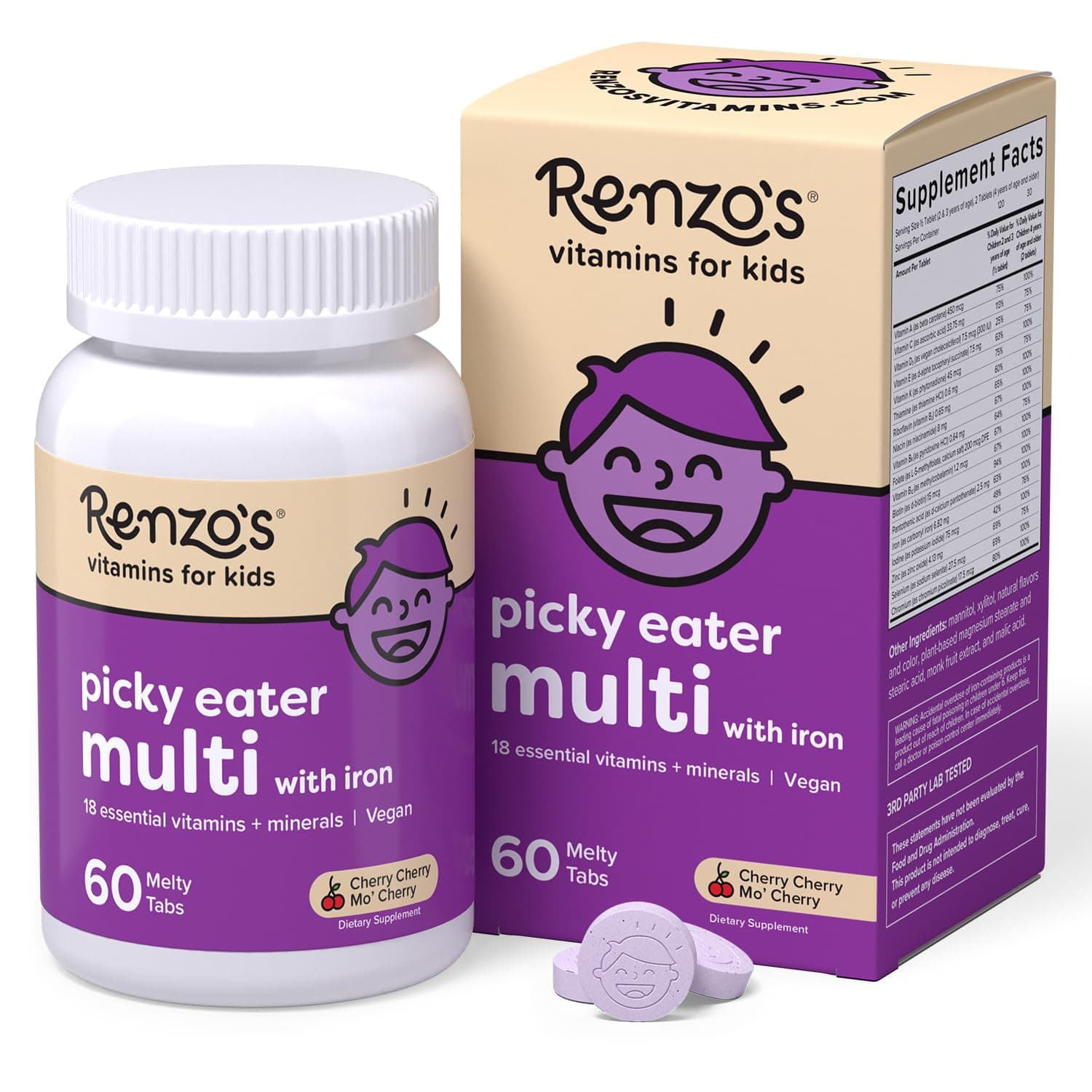 Renzo's Picky Eater Kids Multivitamin with Iron - Dissolving Kids Vitamins with Vitamin D3 & K2 and More - 60 Sugar-Free Melty Tabs, Cherry Cherry Mo’ Cherry Flavored