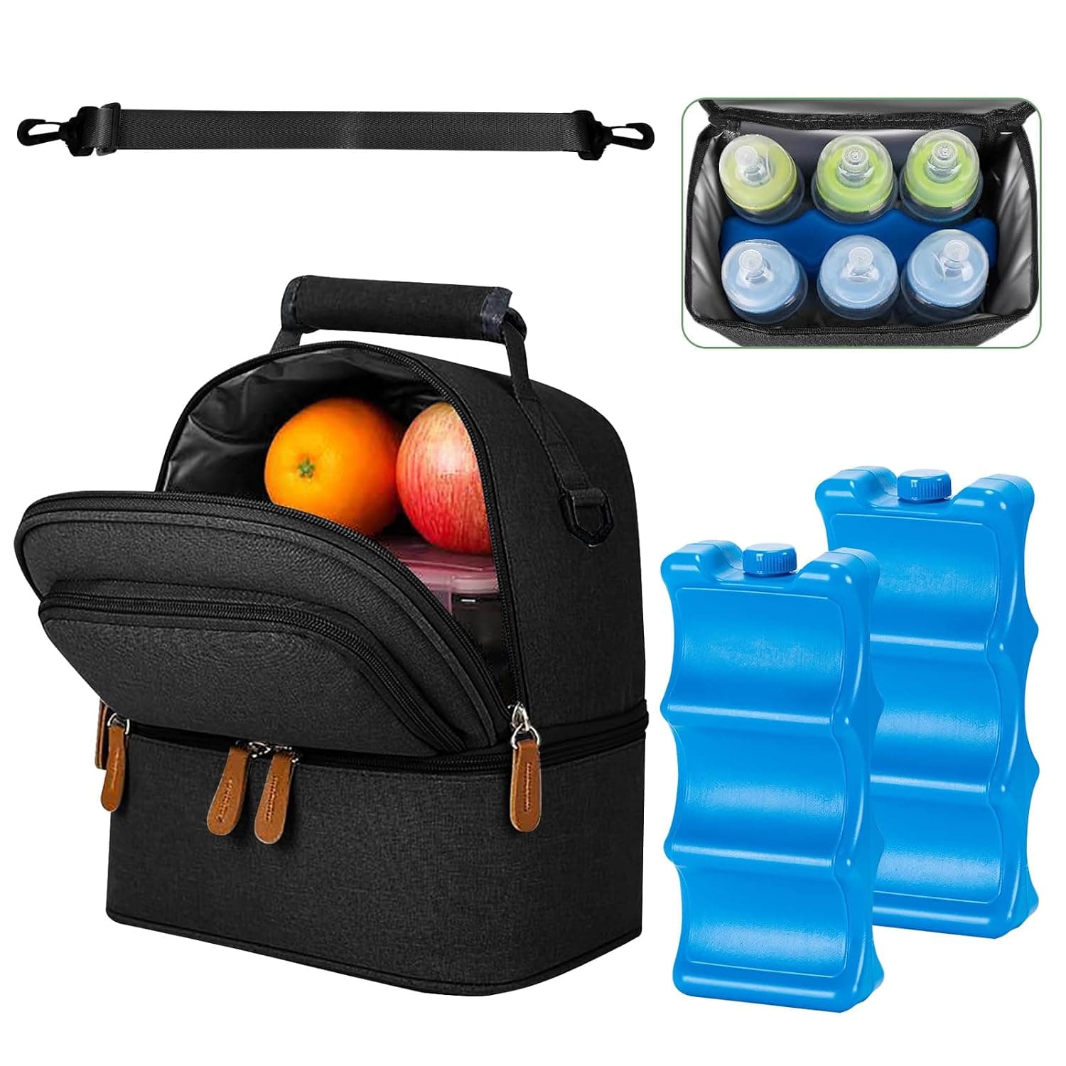 Homarket Large Capacity Breastmilk Cooler Bag with Ice Pack, Double Layer Insulated Baby Bottle Tote for 6x9oz Bottles, Leakproof and Waterproof for Nursing Moms, Daycare, Travel (Black)