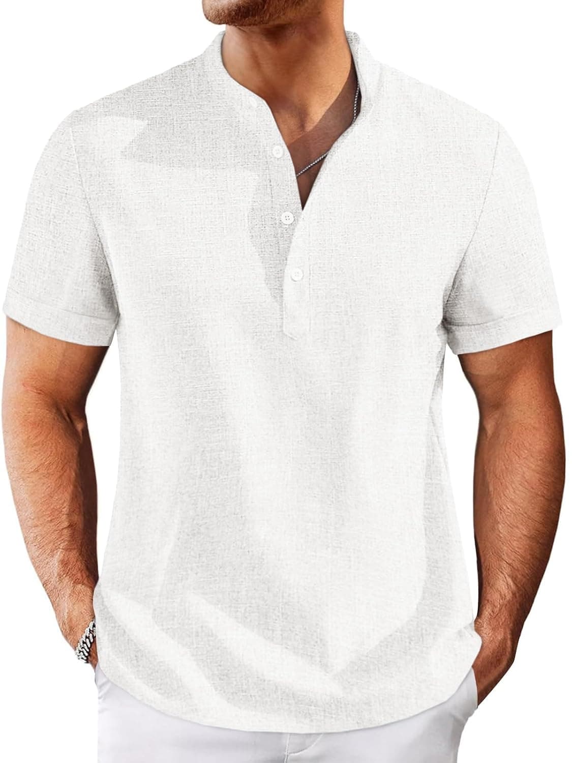Runcati Mens Henley Shirts Short Sleeve Casual Linen Band Collar T-Shirt Summer Beach Vacation Tops