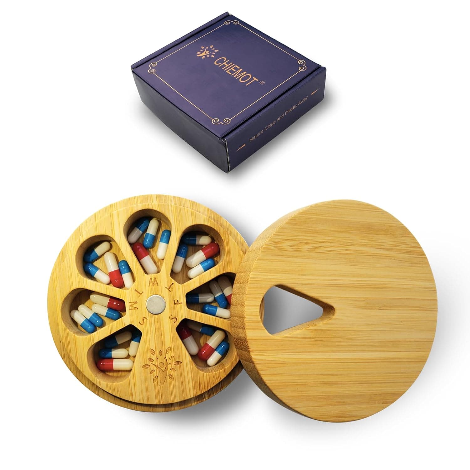 Bamboo Wood Weekly Pill Organizer for Medicine Vitamin Supplement, Arthritis Friendly 7-Day Pill Box Medium Container Holder, Daily Portable Travel Pill Case Keeper Dispenser | Non-Plastic & ECO Friendly, Bamboo Material, Large Capacity, Arthritis Friendly, Portable Pill Case & Box, for Supplement