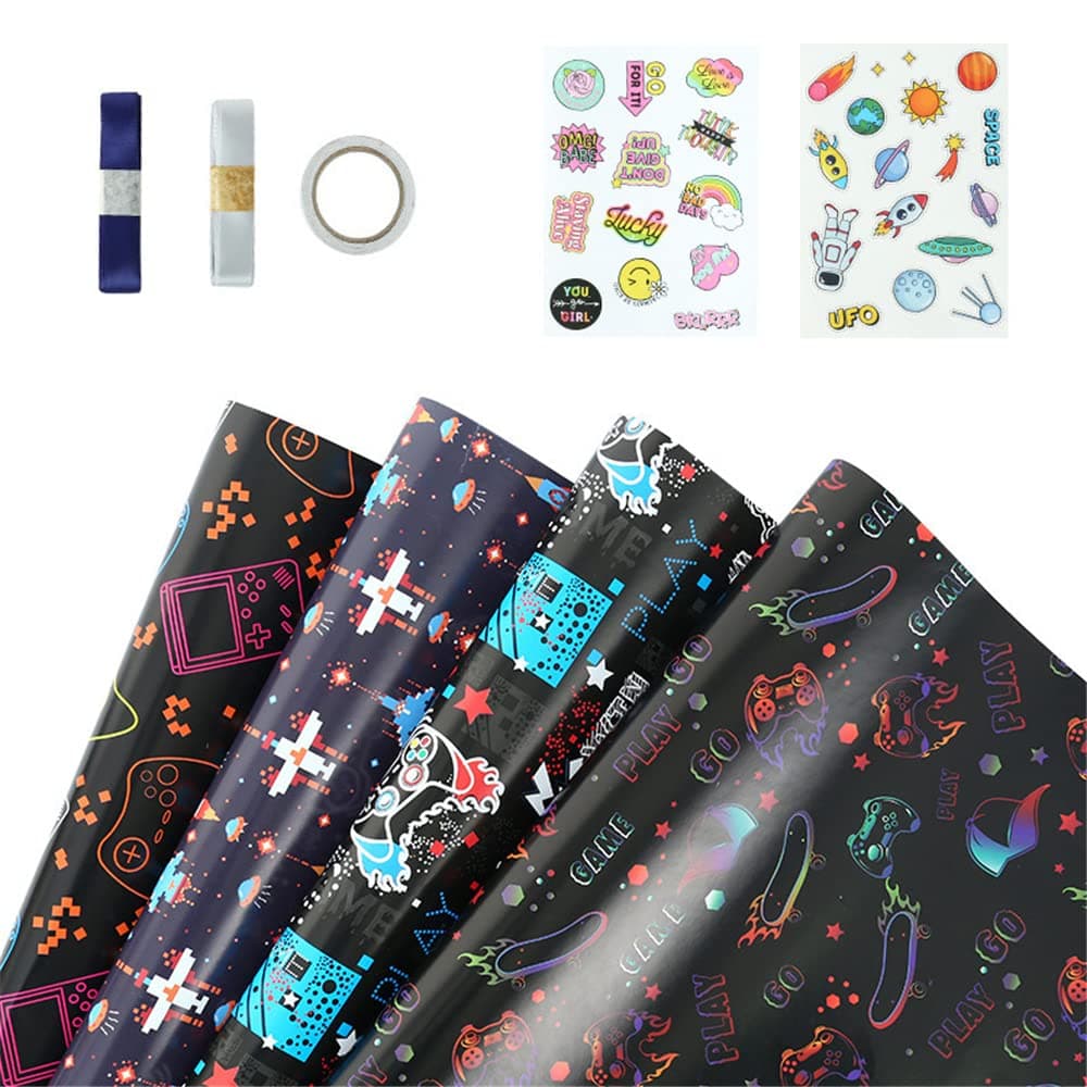 SYOSI Birthday Wrapping Paper for Kids, , 4 Style Gaming Skate Wrapping Paper, 8 Sheets Folded Gift Wrapping Paper with Stickers, for Video Game Lover, Boys Girls
