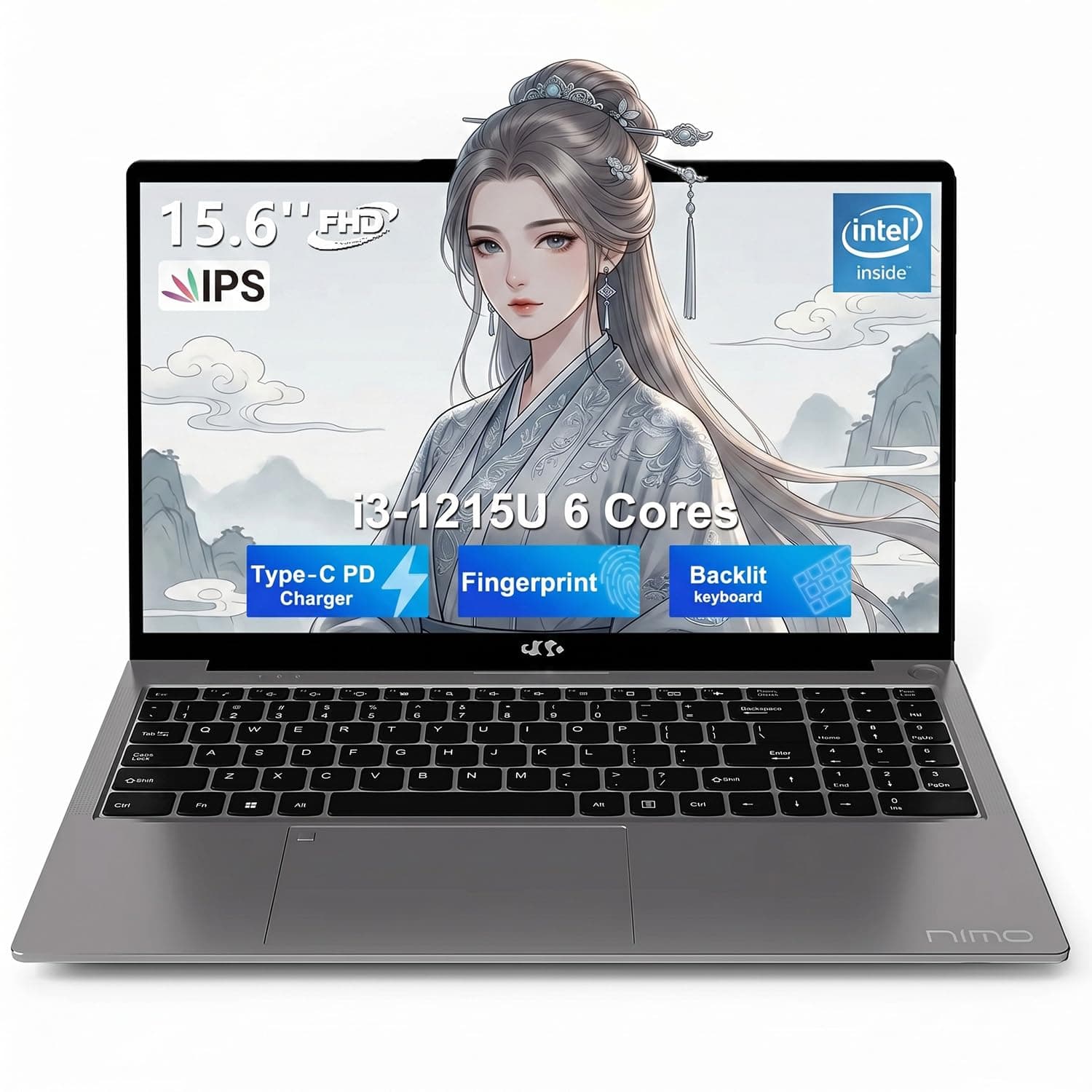 NIMO Laptop 15.6", Core i3-1215U (Beats i5-1135G7 Class), 16GB RAM, 256GB SSD, 11 Home, Wi-Fi 6, Backlit Keyboard, Fingerprint, USB-C 65W Fast Charge, Bluetooth 5.2, 180° View FHD IPS