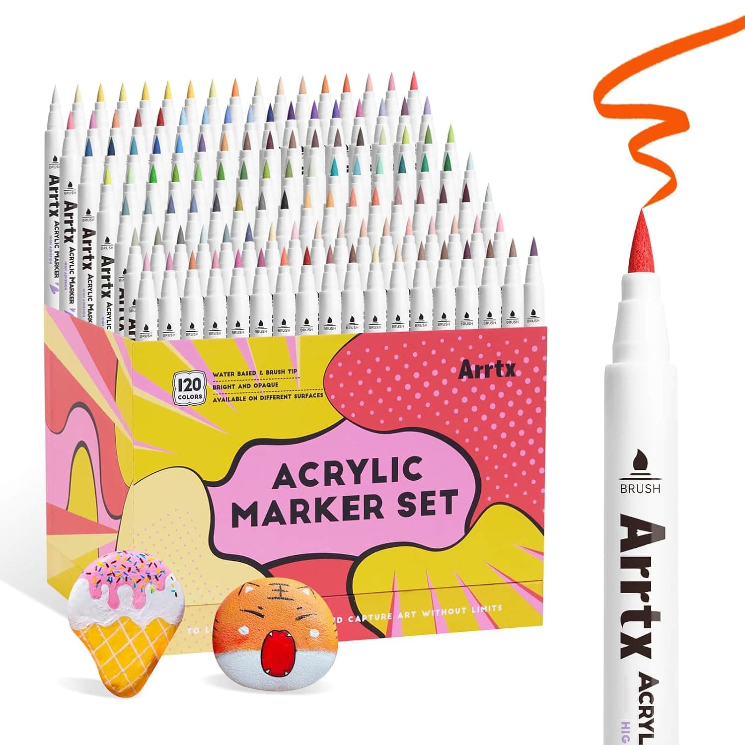 Arrtx 120 Colors Markers Paint Pens, Acrylic Paint Pens for Artists Adults Coloring Drawing Cartoon Anime Comic - Brush Tip for Rock Painting, Wood, Canvas, DIY Crafts Making Art Supplies