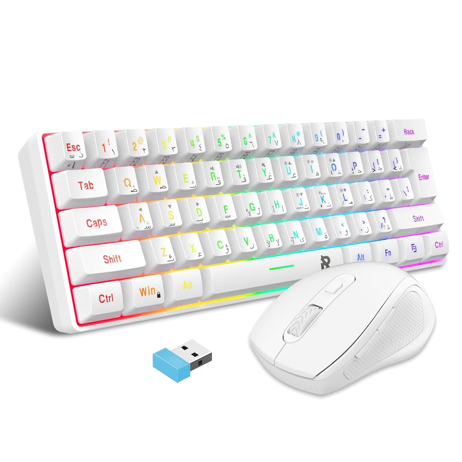 ROCK POW Arabic English 2.4G Wireless Gaming Keyboard and Mouse Combo, Include Small 60% Merchanical Feel Keyboard, Ergonomic Design Mini Wireless Mouse White Combo