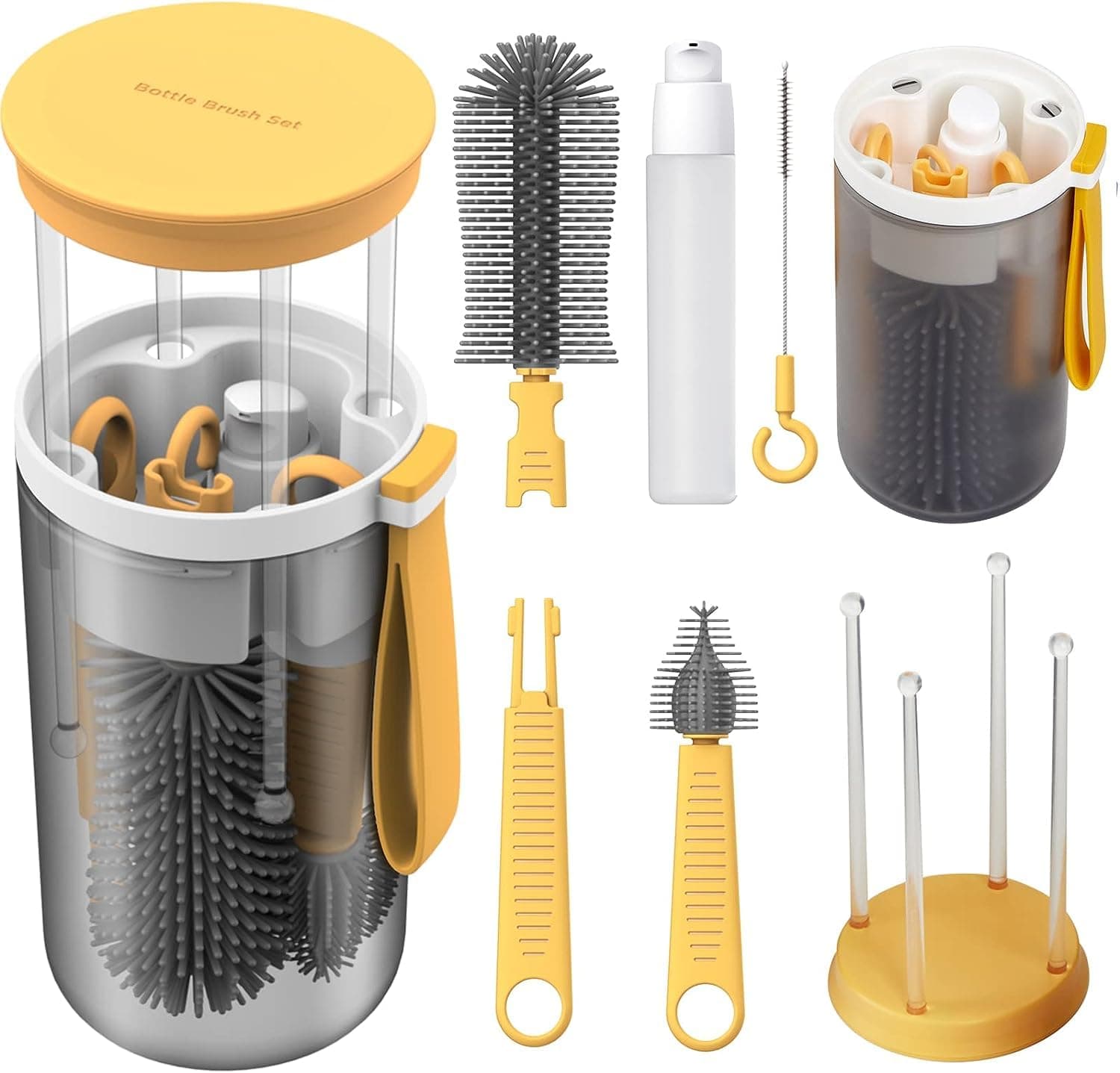 Bottle Brush, Travel Baby Bottle Brush Set with Bottle Cleaner Brush and Drying Rack, Gift for Newborn Mothers, Suitable for Travel and Home Travel Baby Essentials for Moms Straw Brushes (Yellow)