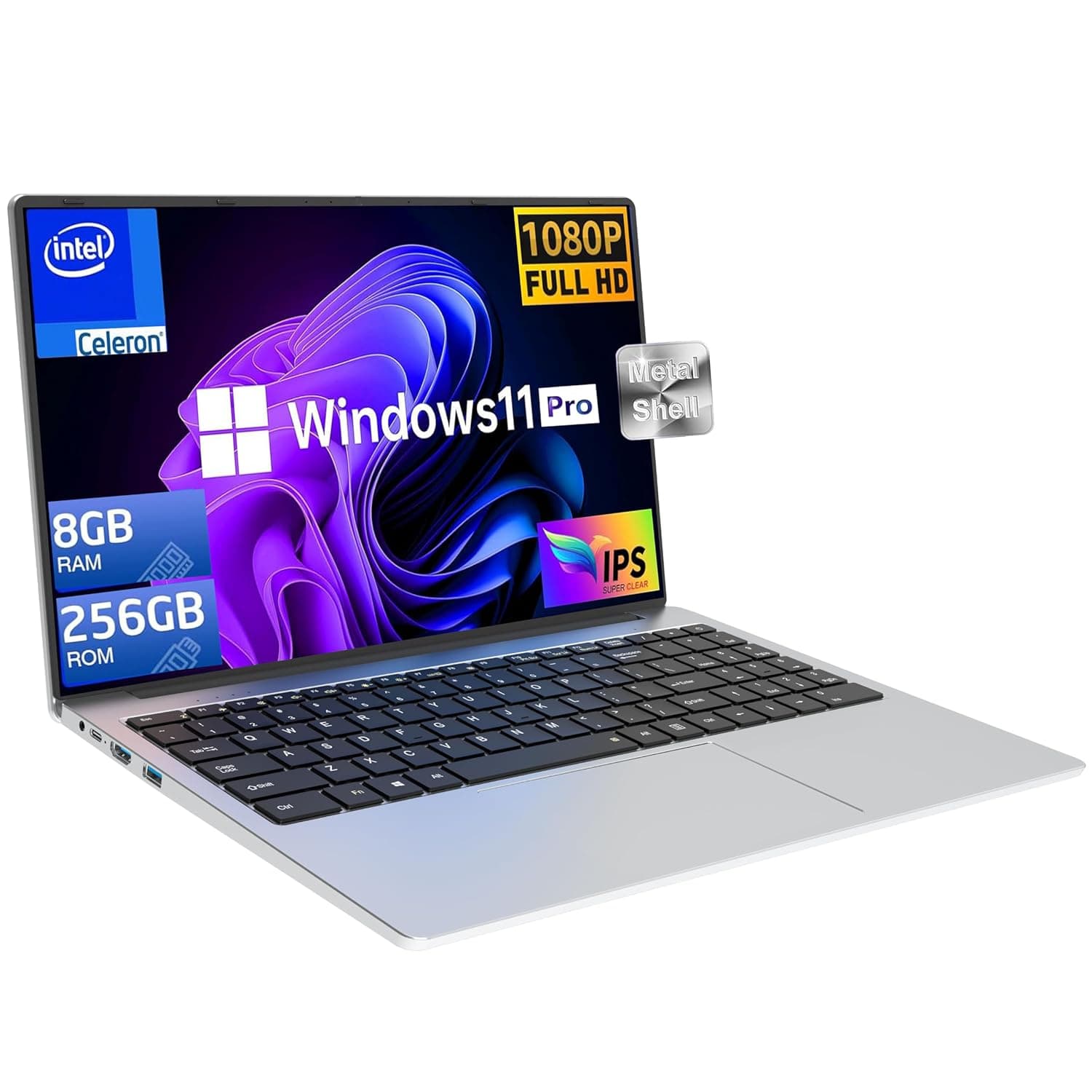 Laptop with 15.6-inch FHD IPS Display, Lightweight Metal Body with English/Arabic Support, Windows 11 Pro Support Face ID, Intel N5095, 8GB RAM + 256GB SSD, BT5.1, WiFi, HDMI, Type-C,Silver