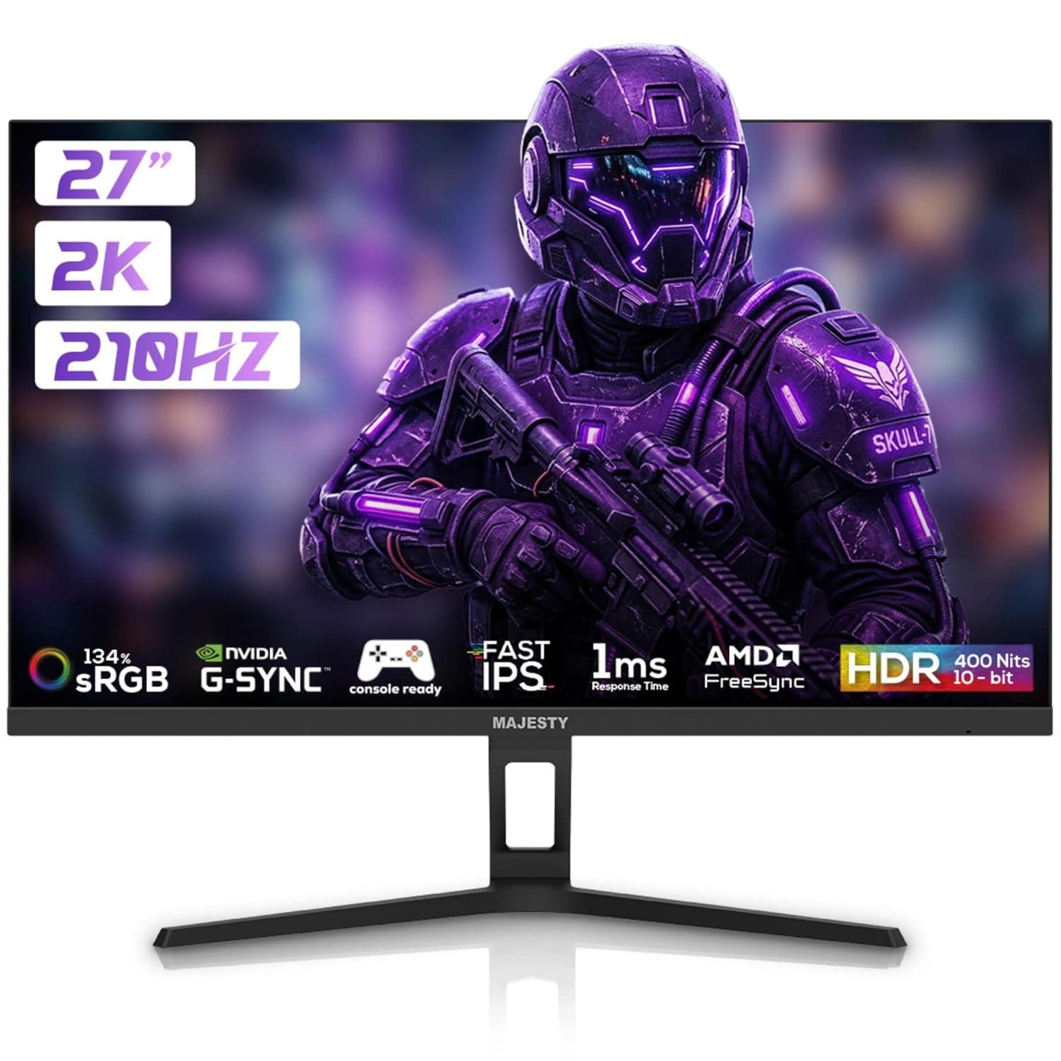 Majesty 27" 2K QHD Gaming Monitor | FAST ULTRA IPS | 210Hz | 1ms | HDR400 Ready | 134% sRGB | 10-Bit | G-SYNC & FreeSync | HDMI & DisplayPort | VESA | Built-in Speakers | Flexible Stand