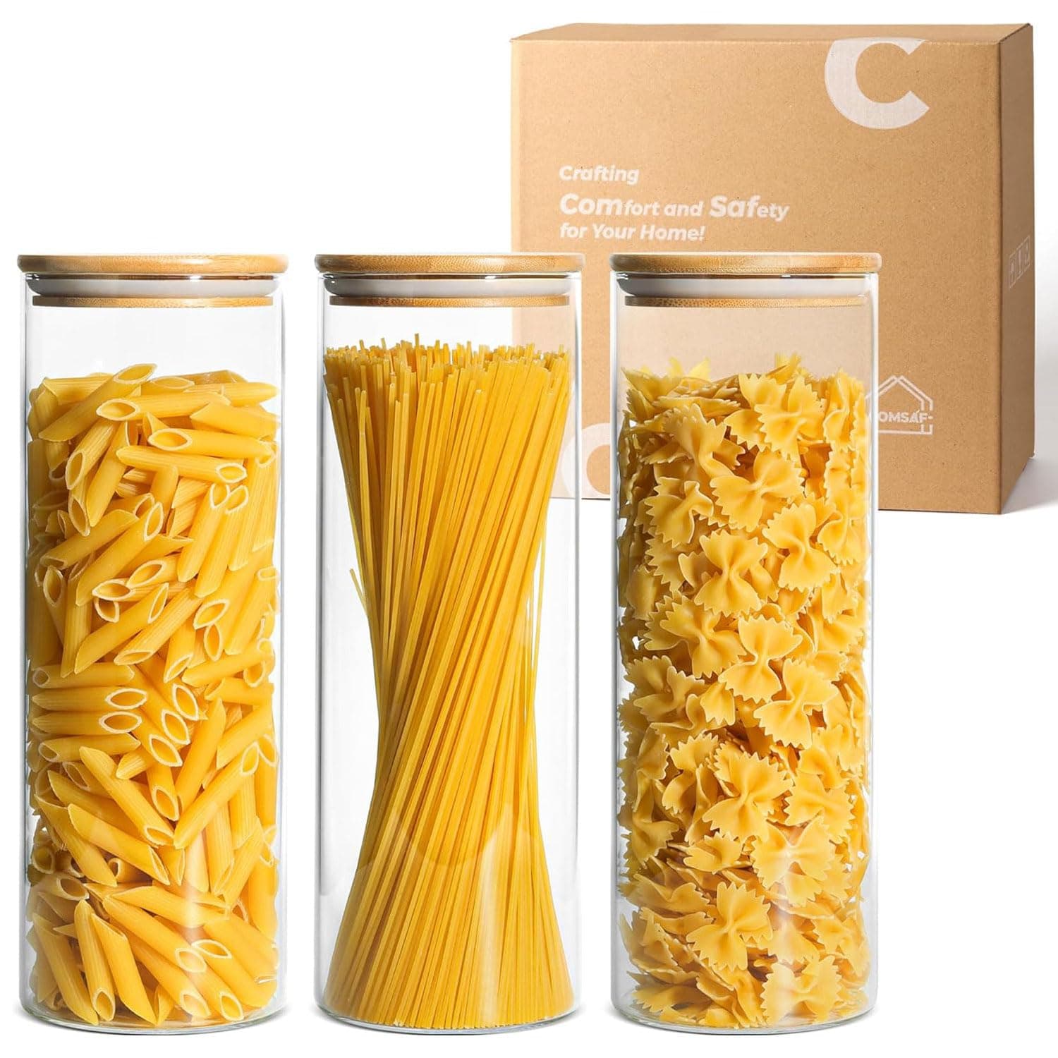 ComSaf 2L Airtight Glass Storage Jars With Lid, Round, Set of 3, Glass Containers for Food, Spaghetti and Cereals | 11.3-inch Tall Glass Canisters, Glass Storage Containers with Lids, Noodles, Cereal, Oats, Kitchen Dry Food Storage, BPA Free