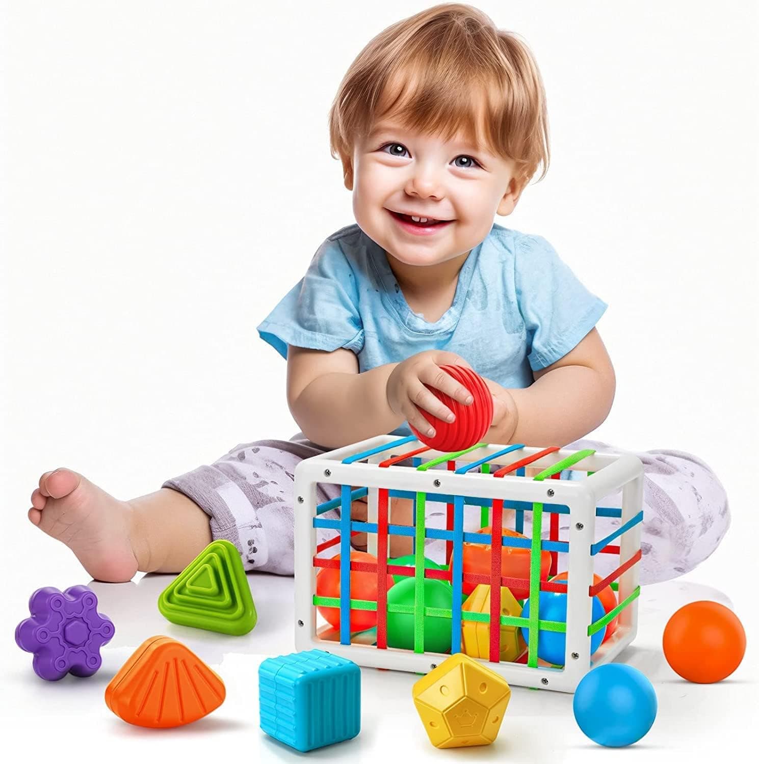 Montessori Toys for 1 Year Old, Cube & 6 Sensory Shape Blocks&6 Colors Ball Pit Balls, Baby Toys 12-18 Months, Developmental Infant Birthday Gifts for Learning Toddler Age 1 2 3