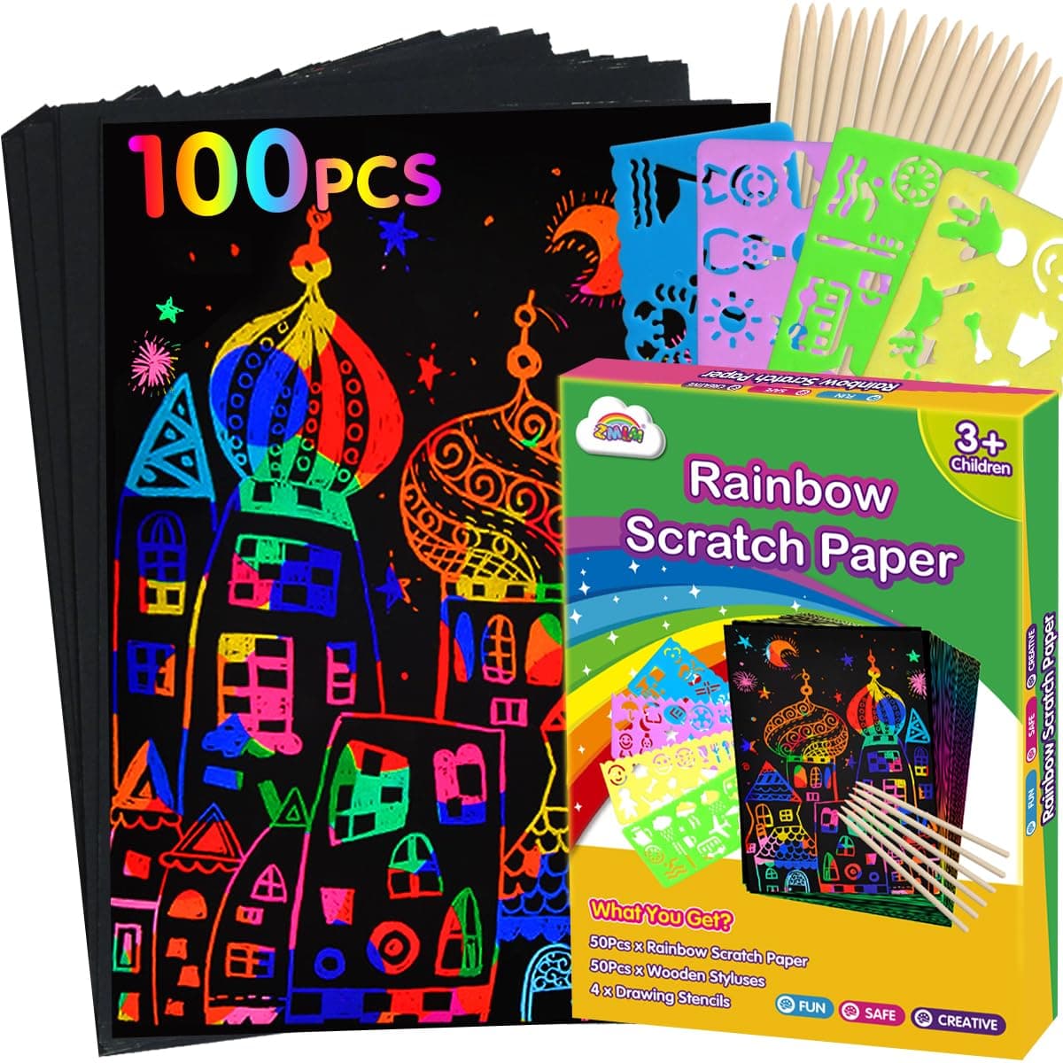 ZMLM 100Pcs Rainbow Scratch Paper Art Set Craft Kits for Boys Girls | Birthday Gift Party Favor Classroom Activity Kids Crafts Black Scratch Off Paper Supplies Arts and Crafts for Kids 4-8 8-12