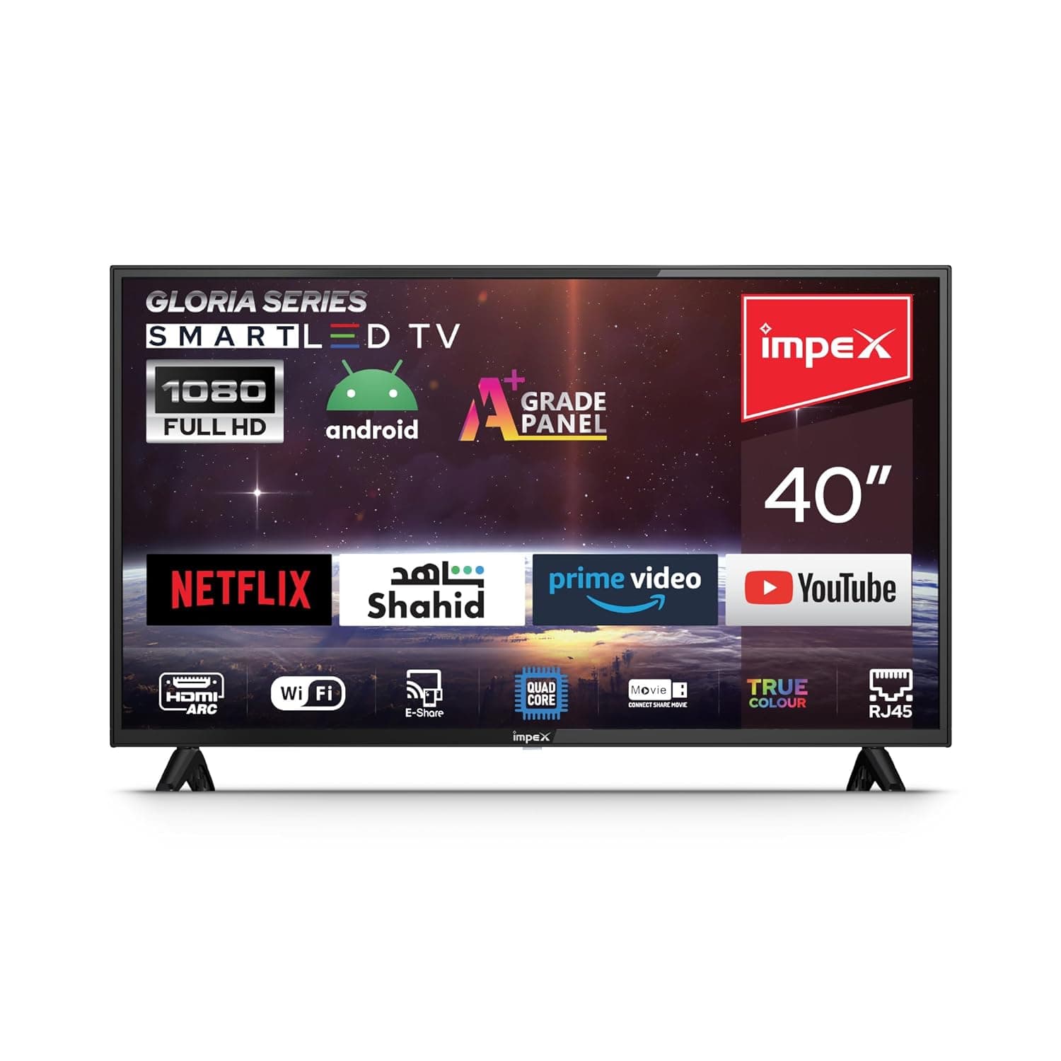 Impex 40 Inch Full HD Smart Android LED TV-A+ Grade Panel,Super Slim,Smart Energy Saving,Mirror Cast And E-Share,HDMI\USBWi-Fi Input,Netflix,YouTube,Disney+,Apple TV+,Starz Play Arabia-Gloria40Smart