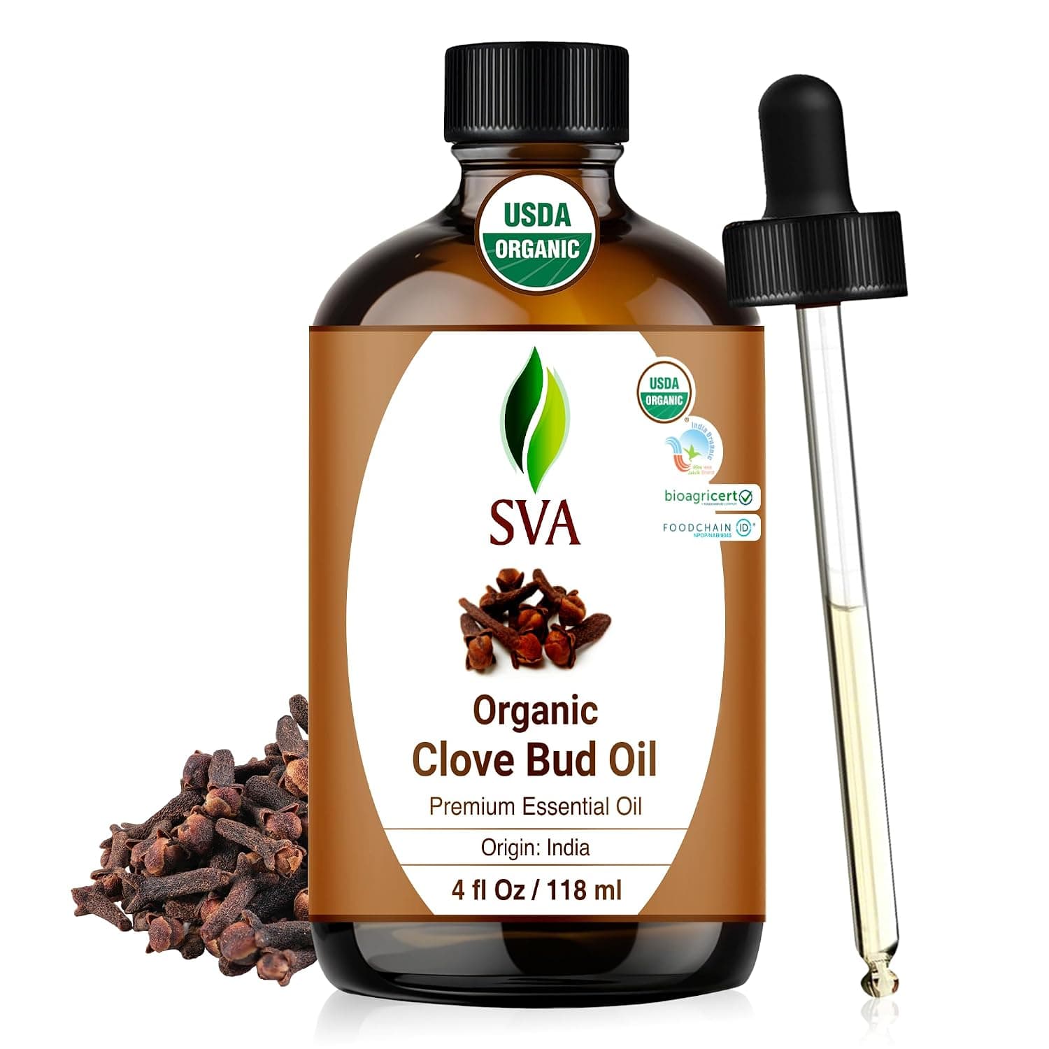 SVA Organics Clove Bud Essential Oil 4 Oz Organic USDA 100% Pure Natural Undiluted Premium Therapeutic Grade Oil for Skin, Teeth, Diffuser, Aromatherapy | Clove Bud Oil for Diffuser, Humidifier, Home Fragrance, Oral Care, Body Massage, Soap, Candle & DIY Projects in Glass Bottle