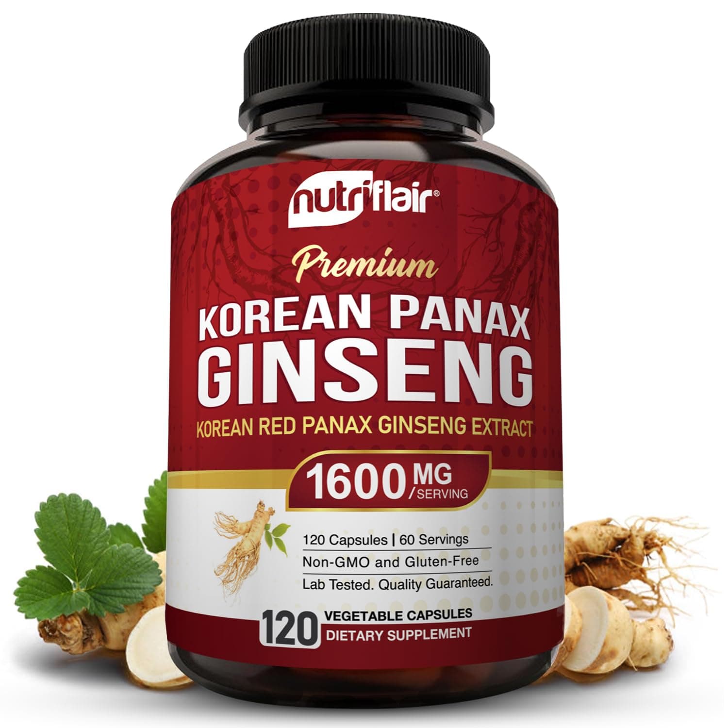 NutriFlair Panax Korean Red Ginseng 1600 Mg, 120 Vegan Capsules, 5% Ginsenosides 120 Count (Pack of 1)
