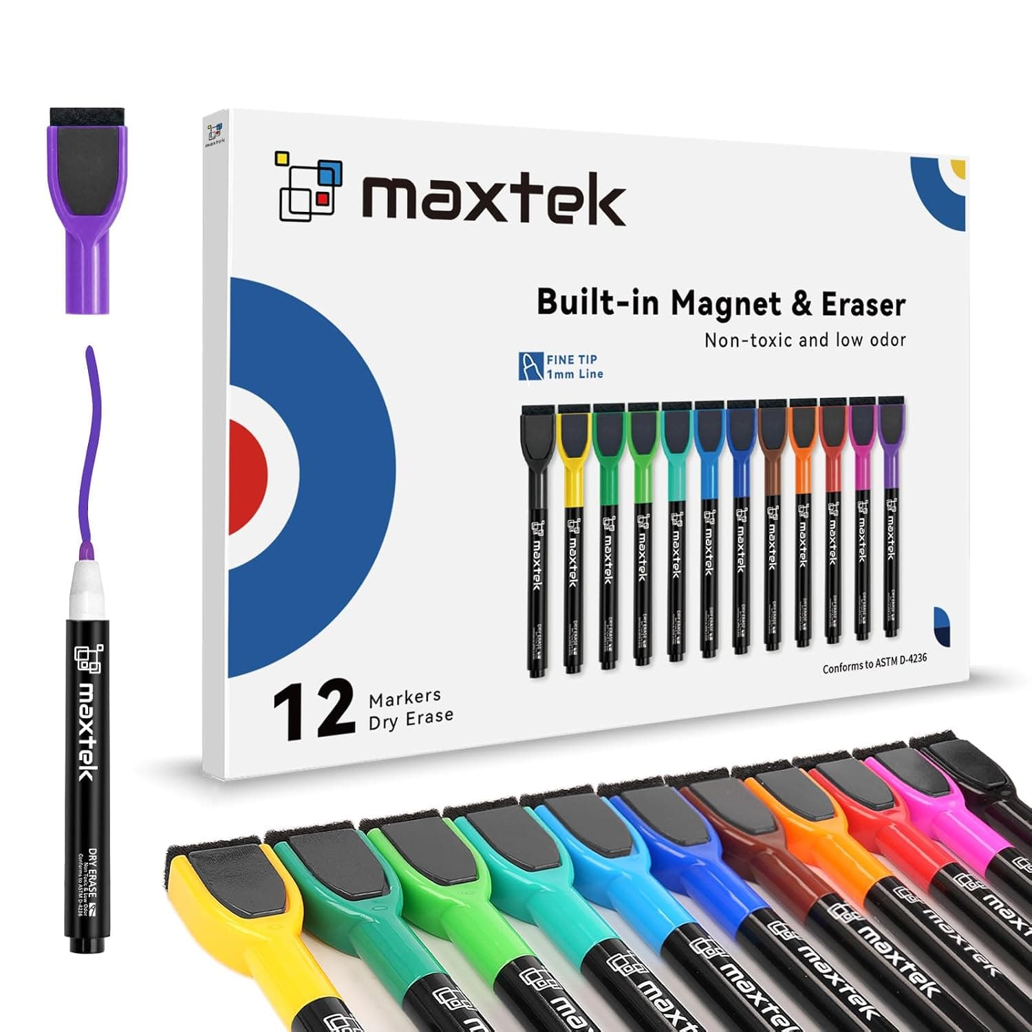 maxtek Whiteboard Pens Magentic, Fine Tip Dry Wipe Pens, Assorted Colours, White Board Markers Erasable with Eraser, Low Odour Thin Whiteboard Pens