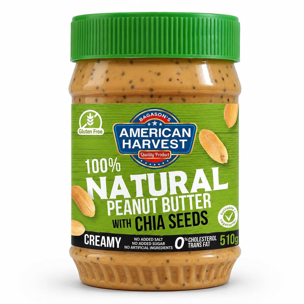 American Harvest 100% Natural Peanut Butter Creamy With Chia Seeds No Added Sugar/Sweetener Salt, 510 Gm