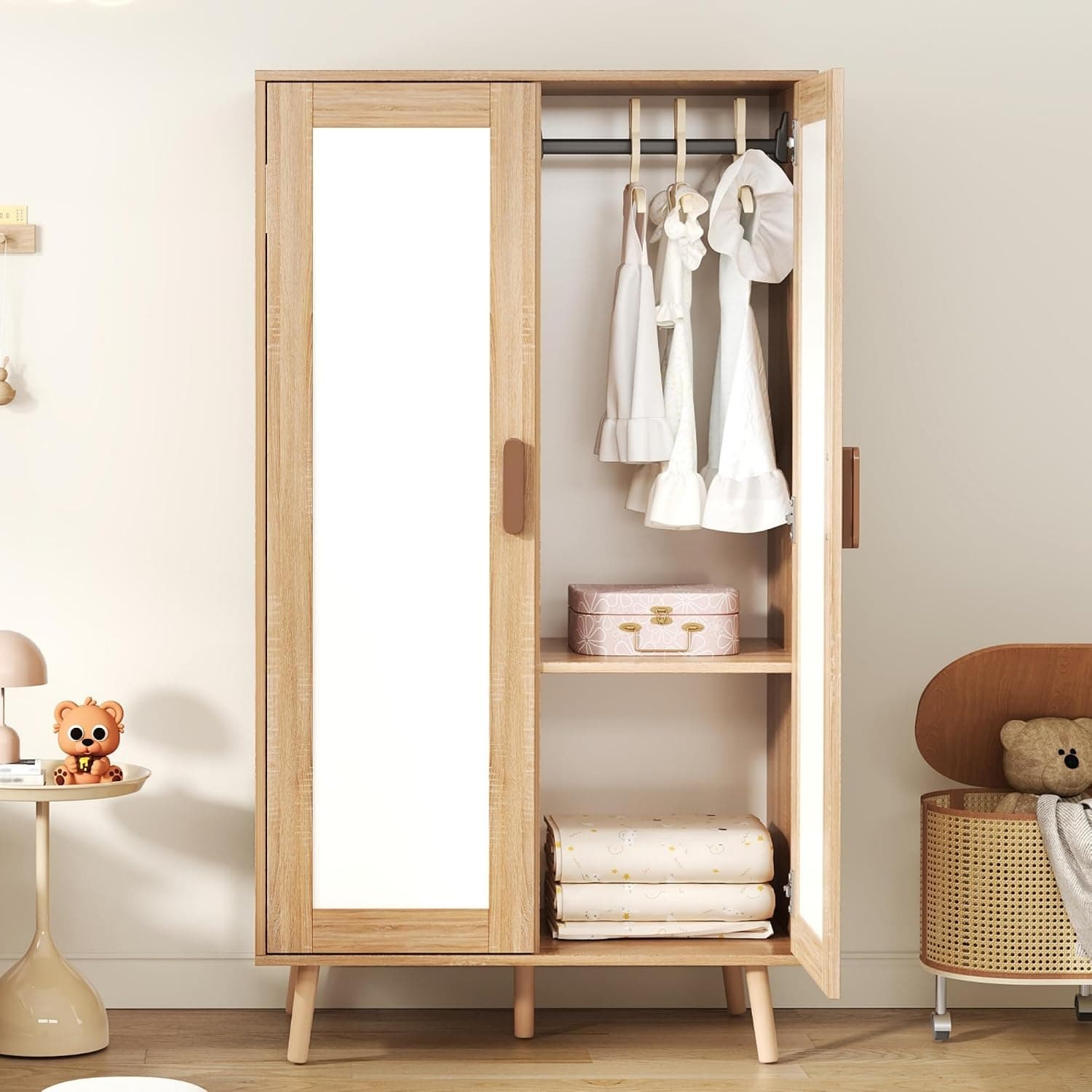 Children's Wardrobe with 2 Doors Hanging Rod 80 x 46 x 141.5 cm Natural Wood Finish Stylish Storage Solution for Kids' Room Durable and Functional Design