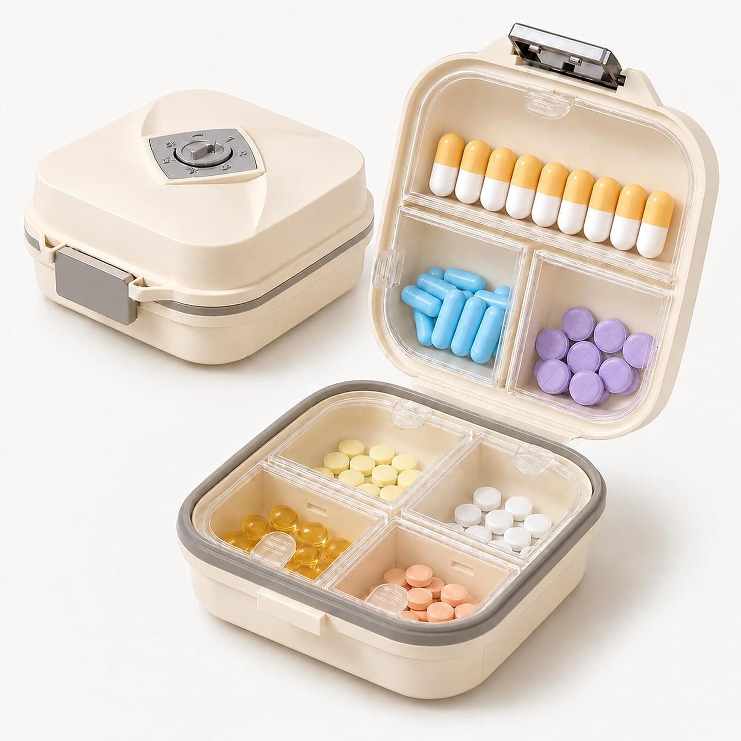 Portable Pill Organiser with 7 Compartments, Rotating Reminder Dial, Pocket Size, Cream Beige, Daily Medicine Case for Vitamins, Supplements