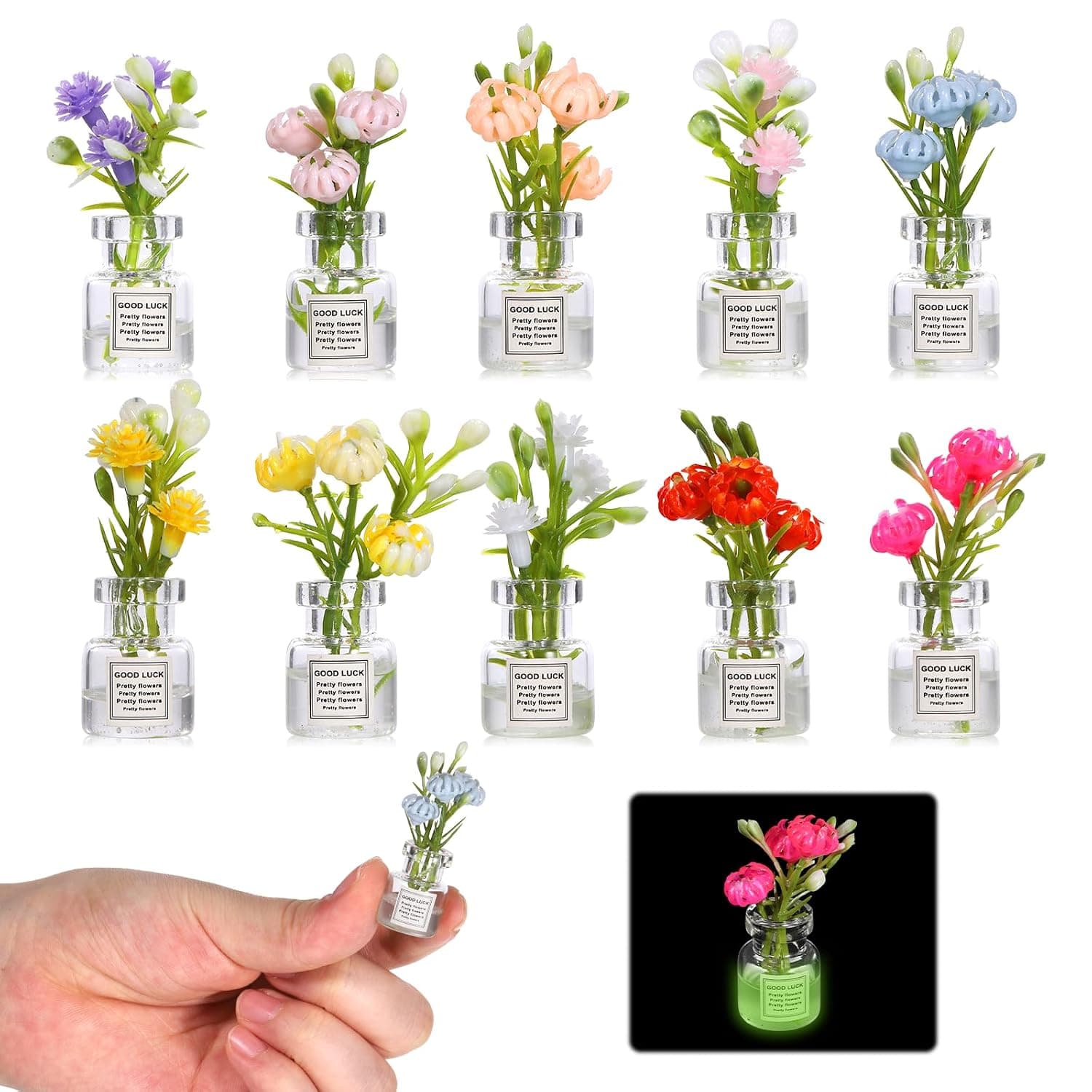 Ptwola Pack of 10 Dollhouse Miniature Plant, Miniature Bonsai, Tiny Flowers Model, Flower Pots, Realistic Glass Vase, Flower House Decoration for Dollhouse, Garden Decorations, Accessories, Kitchen