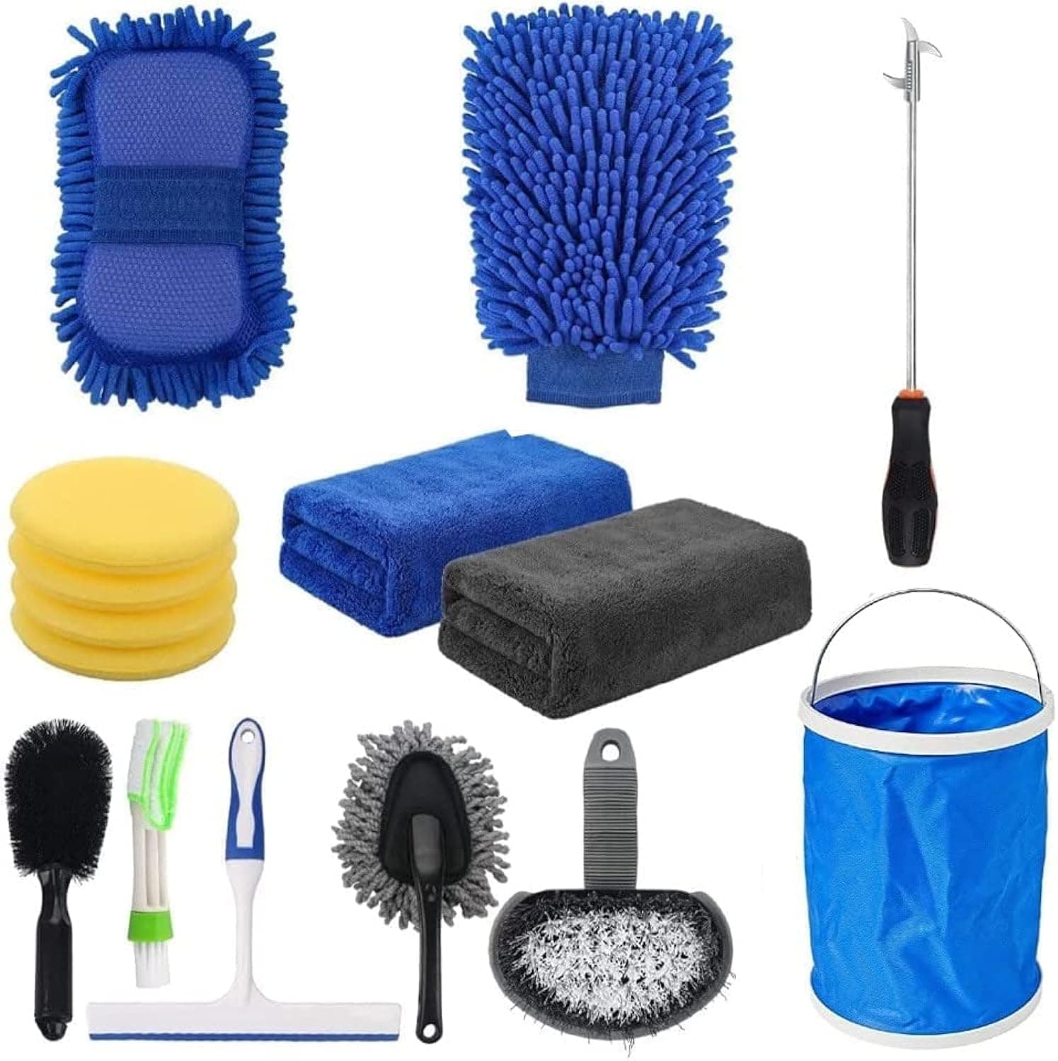 Car Wash Cleaning Tools Kit Car Detailing Set with Bag Collapsible Bucket Wash Mitt Sponge Towels Tire Brush Window Scraper Duster Complete Interior Car Care Kit (1.1, Kilograms)