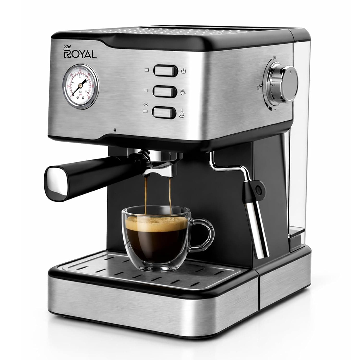 Royal Cappuccino & Espresso Coffee Machine, 15 Bar Pump, 1.5L Tank, 950W, Milk Frother, Rapid Boiler, Overheat & Pressure Safety, Dual Stainless Filters, Aluminum Filter Holder, Stainless Cup Plate