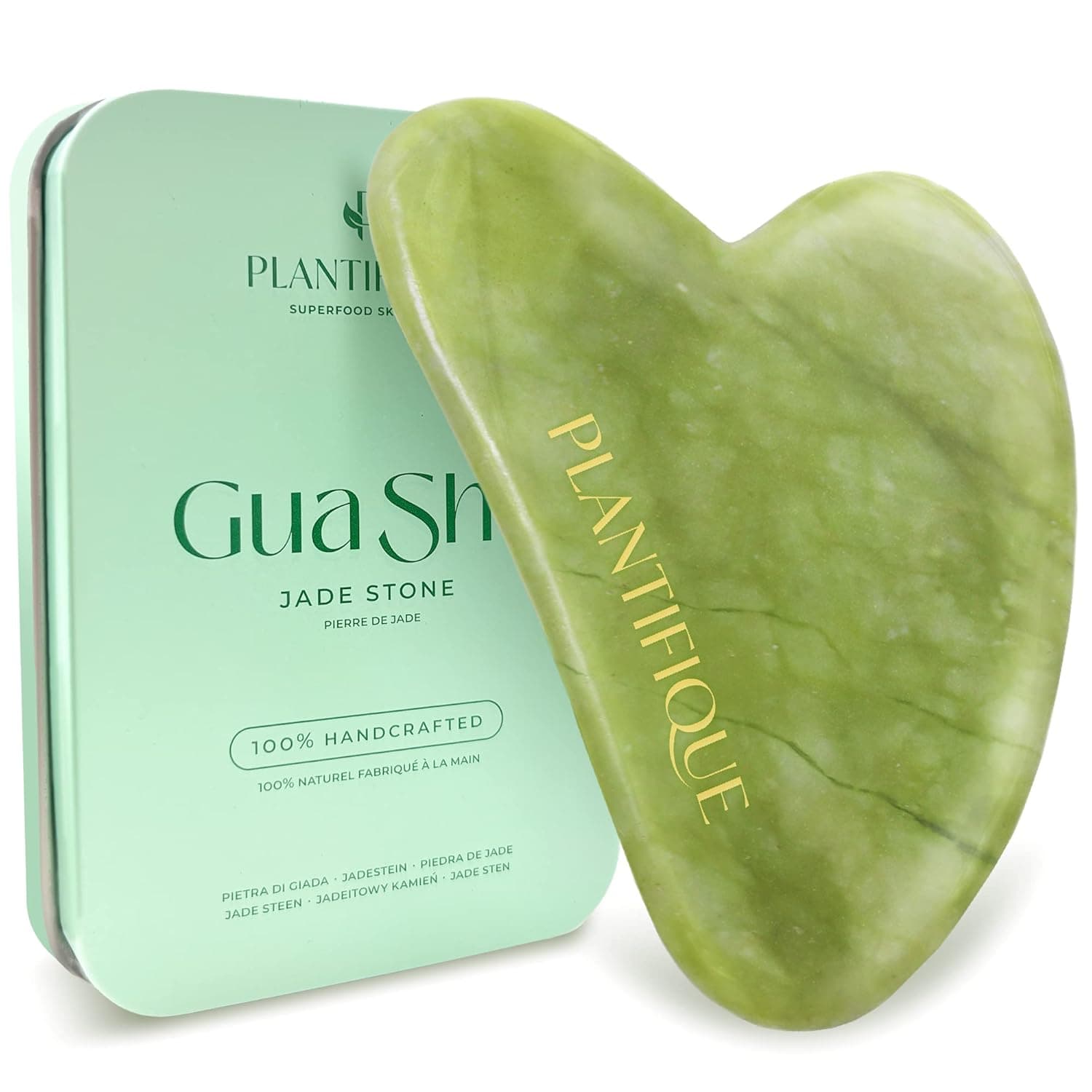 Plantifique Gua Sha Jade Stone Tool for Face by - Anti Aging Massage Tool - GuaSha Tool for Face - Facial Skin Care Products - Face Massager for Your Skincare Routine | Face Sculpting Tool & Jawline Shaper - Anti Aging Guasha Tool for Reduced Puffiness & Tension Relief - Includes Travel Case