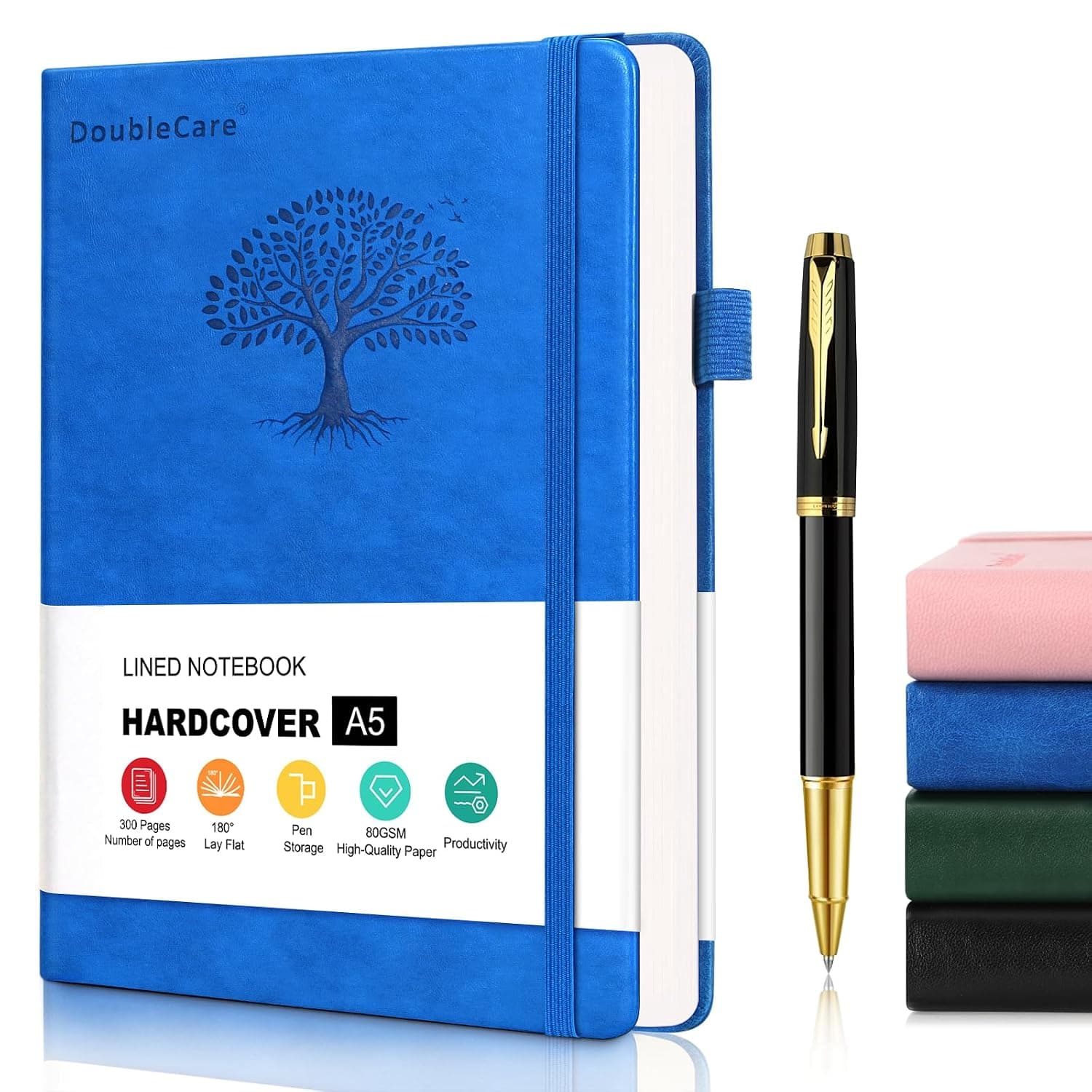DoubleCare 300 Pages Hardcover Notebook, A5 Leather Thick College Ruled Journal with 80GSM Paper, Ruled Notepad with Pen, Daily Journal for Women Men Work Organization, School Supplies Office, Blue