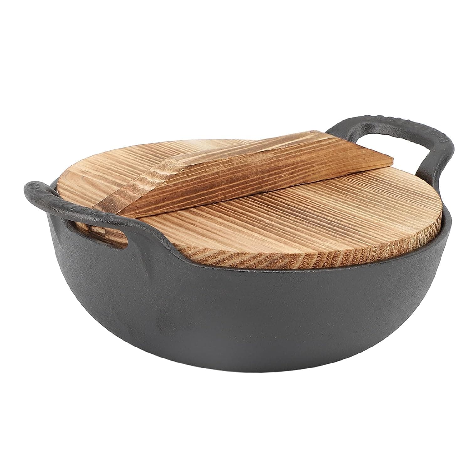 14 Inch Cast Iron Wok with Handle Pre-Seasoned Nonstick Flat Bottom Stir Fry Pan with Wooden Lid for Authentic Asian Cooking Stovetop Oven Safe (25cm)