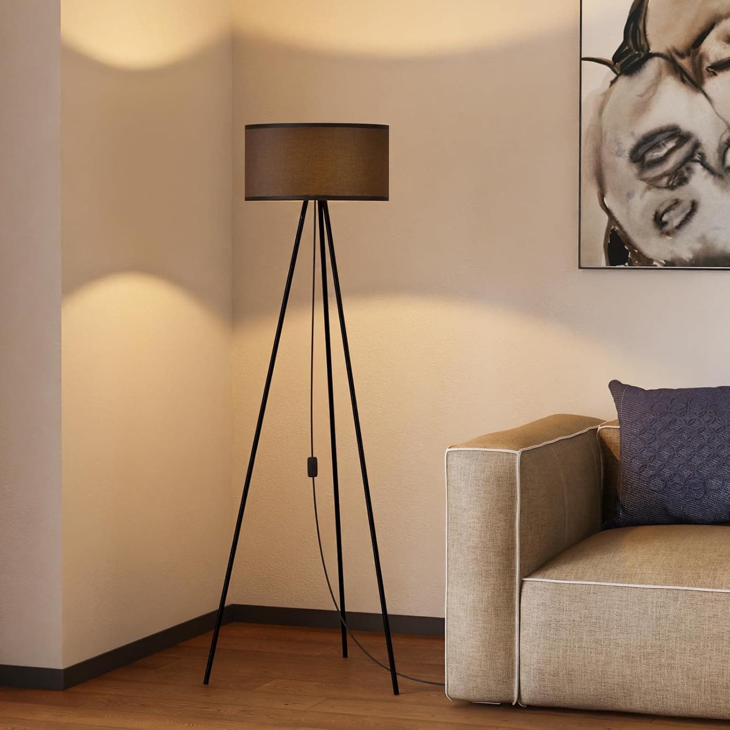 Tripod Floor Lamp with 3 Color Temperatures LED Bulb, Modern Standing Lamp with Black Lampshade, LED Floor Lighting for Living Room, Bedroom, Office