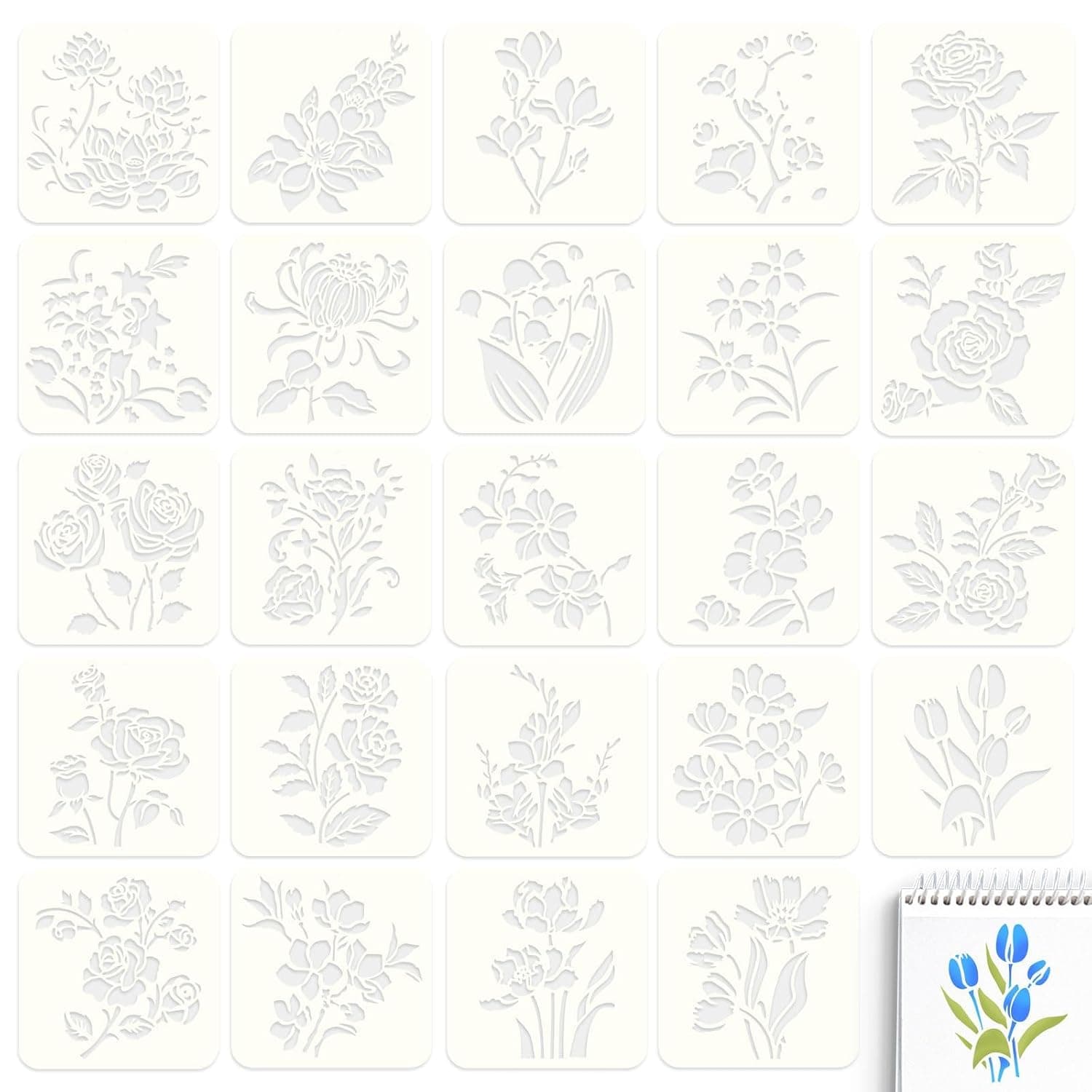 24 Pack Flower Stencils for Painting, Reusable 5.1x5.1in Small Art Drawing Templates, DIY Crafts Plant Stencil for Painting on Wood Wall Paper Card Canvas Home Decor (Lotus, Tulip, Bellflower, Rose)