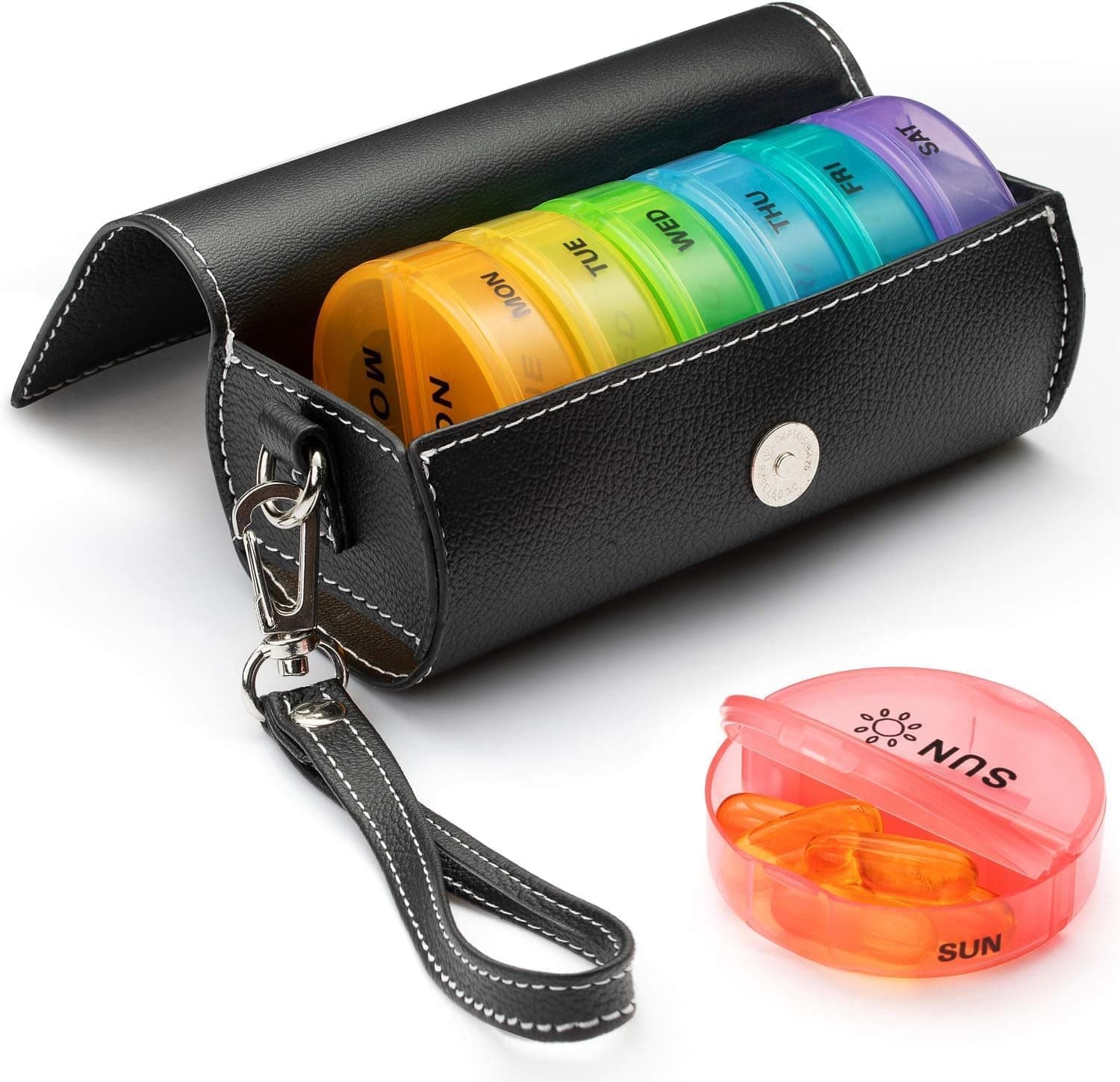 Tazweeq Weekly Pill Organizer 2 Times a Day, AM PM Large Daily Pill Box with PU Leather Case for Travel, Round Medicine Organizer, 7 Day Pill Container for Vitamin Fish Oils Supplement