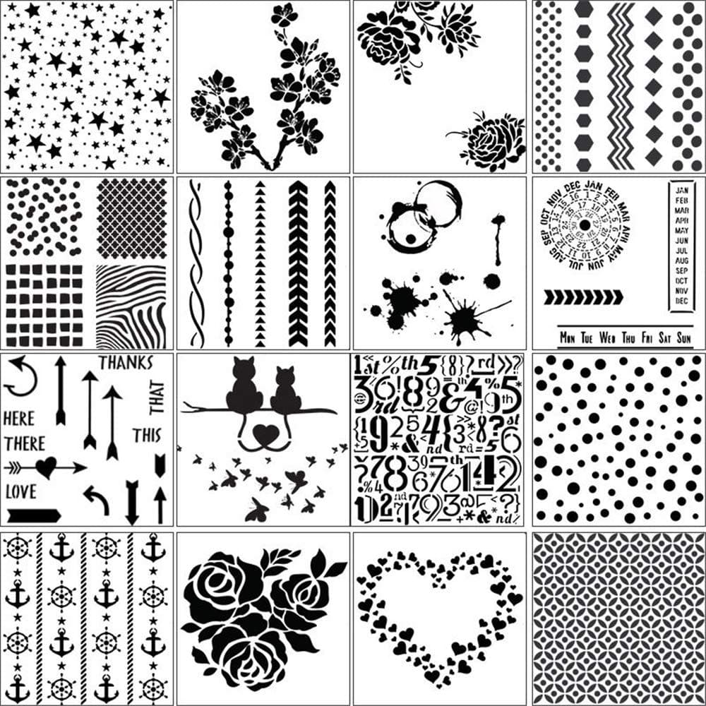 Drawing Painting Stencils Plastic Scrapbooking Embossing Template for Notebook Diary Scrapbook Journaling Card DIY Craft Project, 16pcs