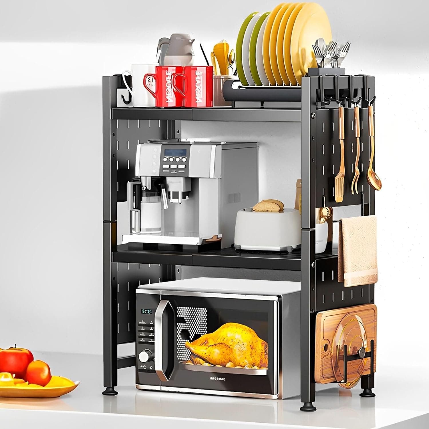 Microwave Shelf, 3-Tier Expandable Microwave Stand with DIY Pegboard – Adjustable Kitchen Benchtop Oven Rack with Towel Bar, Cutting Board Holder & 15 Hooks (Black)