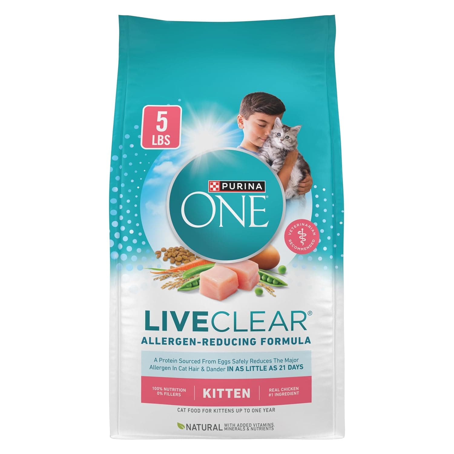 Purina ONE LiveClear Allergen-Reducing Dry Kitten Food Formula with Real Chicken As The Number One Ingredient - 5 lb. Bag | Real chicken is the #1 ingredient, reduces allergens in cat hair and dander by 47%, includes DHA for kitten vision support